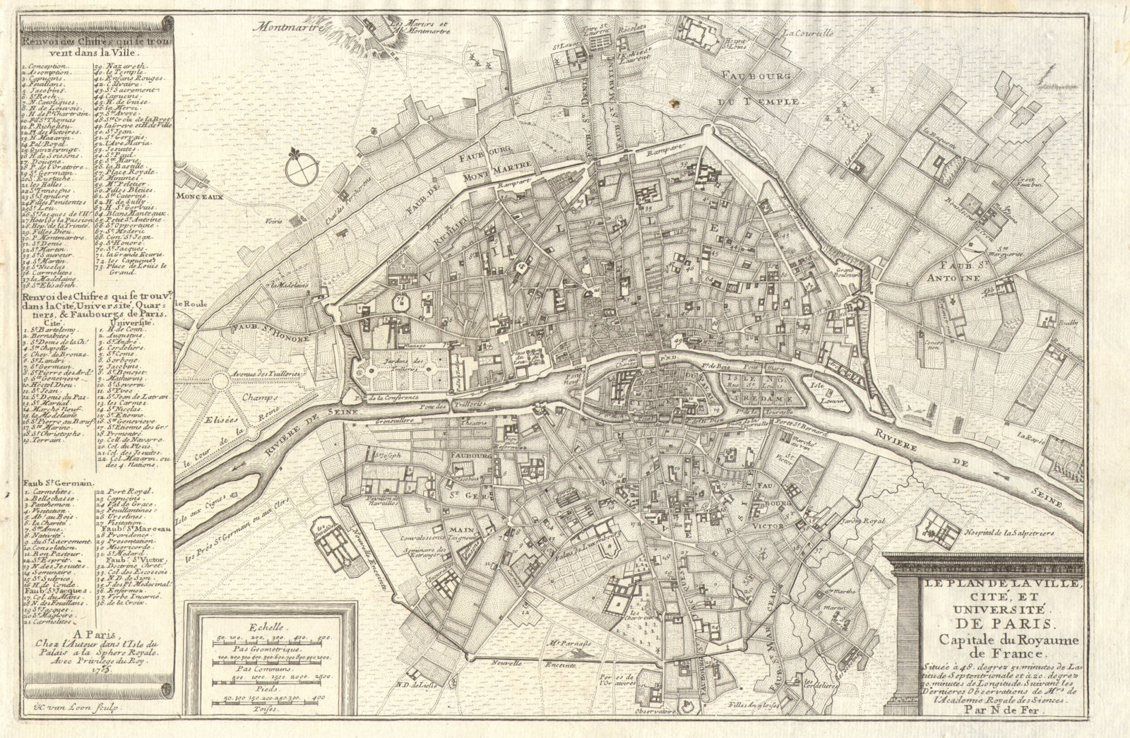 'Le Plan de la Ville, Cite, et Universite de Paris…'. City plan. DE FER 1705 map