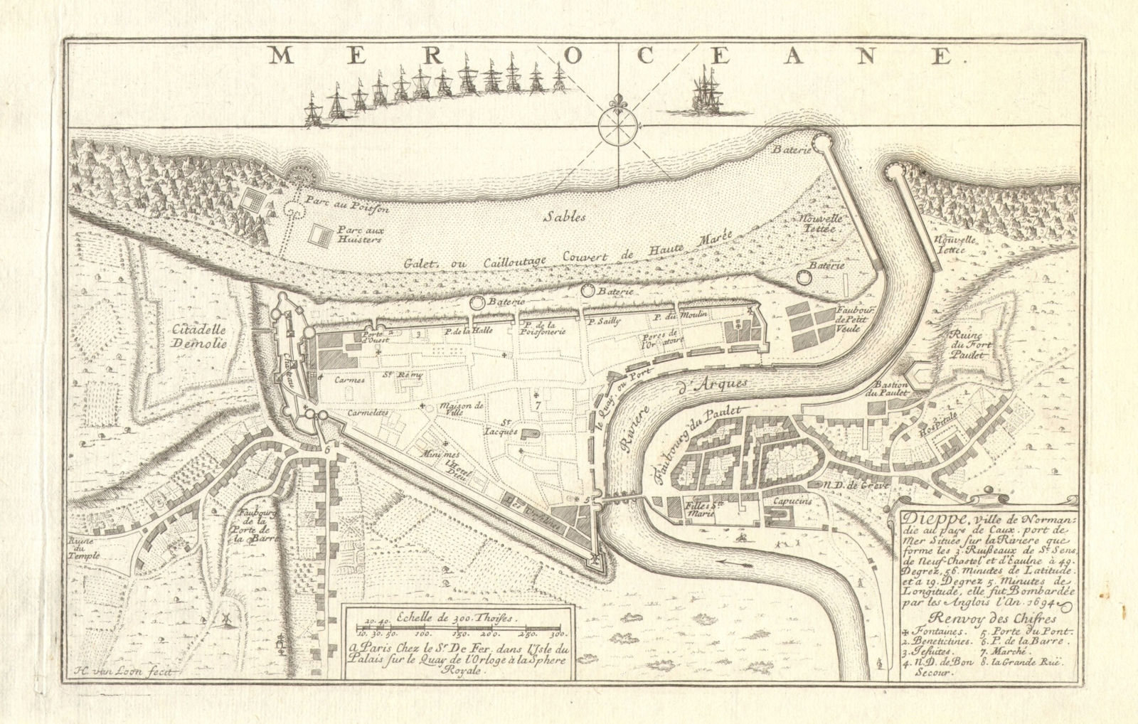 Dieppe. Plan of town/city & fortifications. Seine-Maritime. DE FER 1705 map