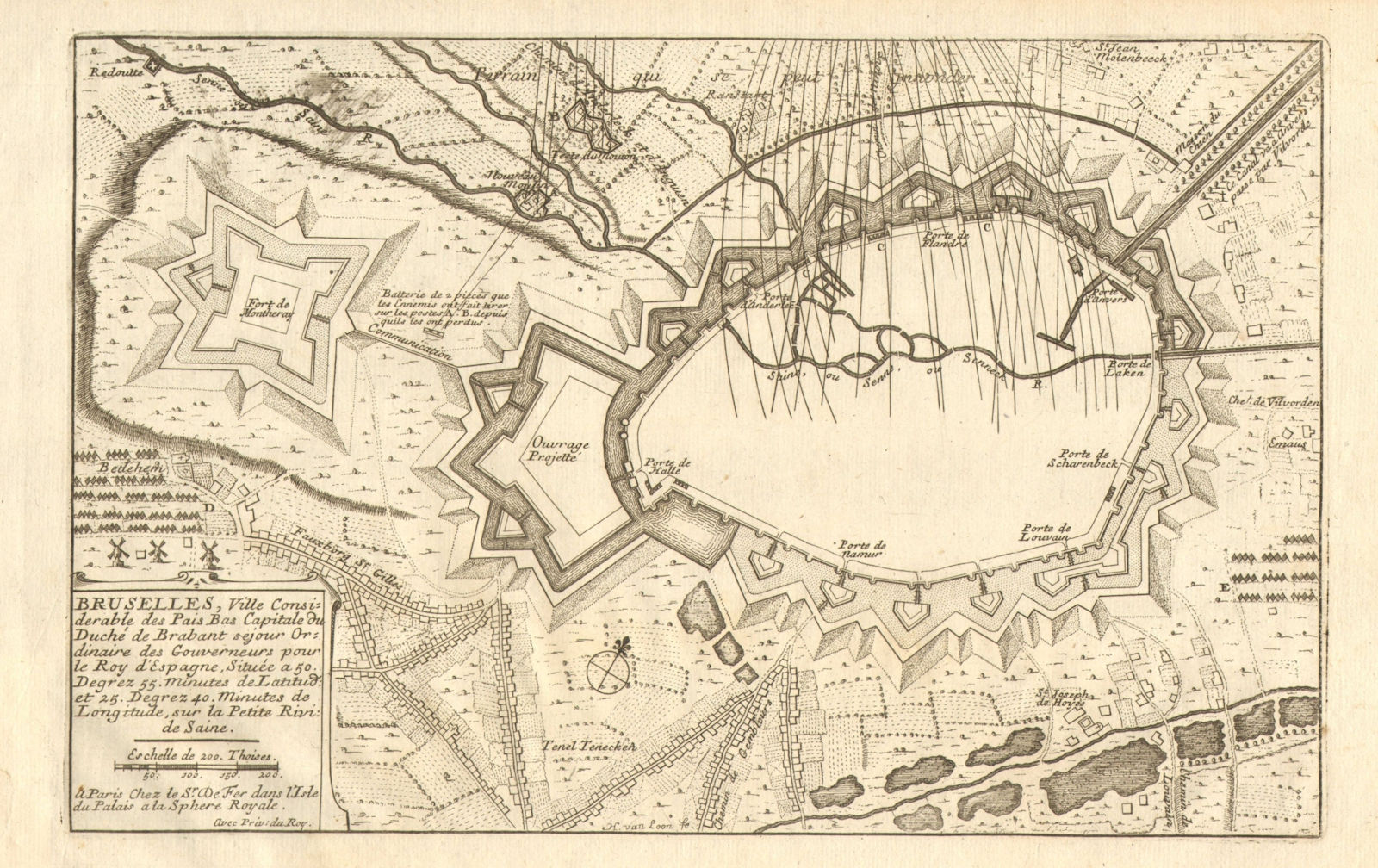Associate Product 'Bruselles'. Brussels Bruxelles. Fortified town/city plan. DE FER 1705 old map