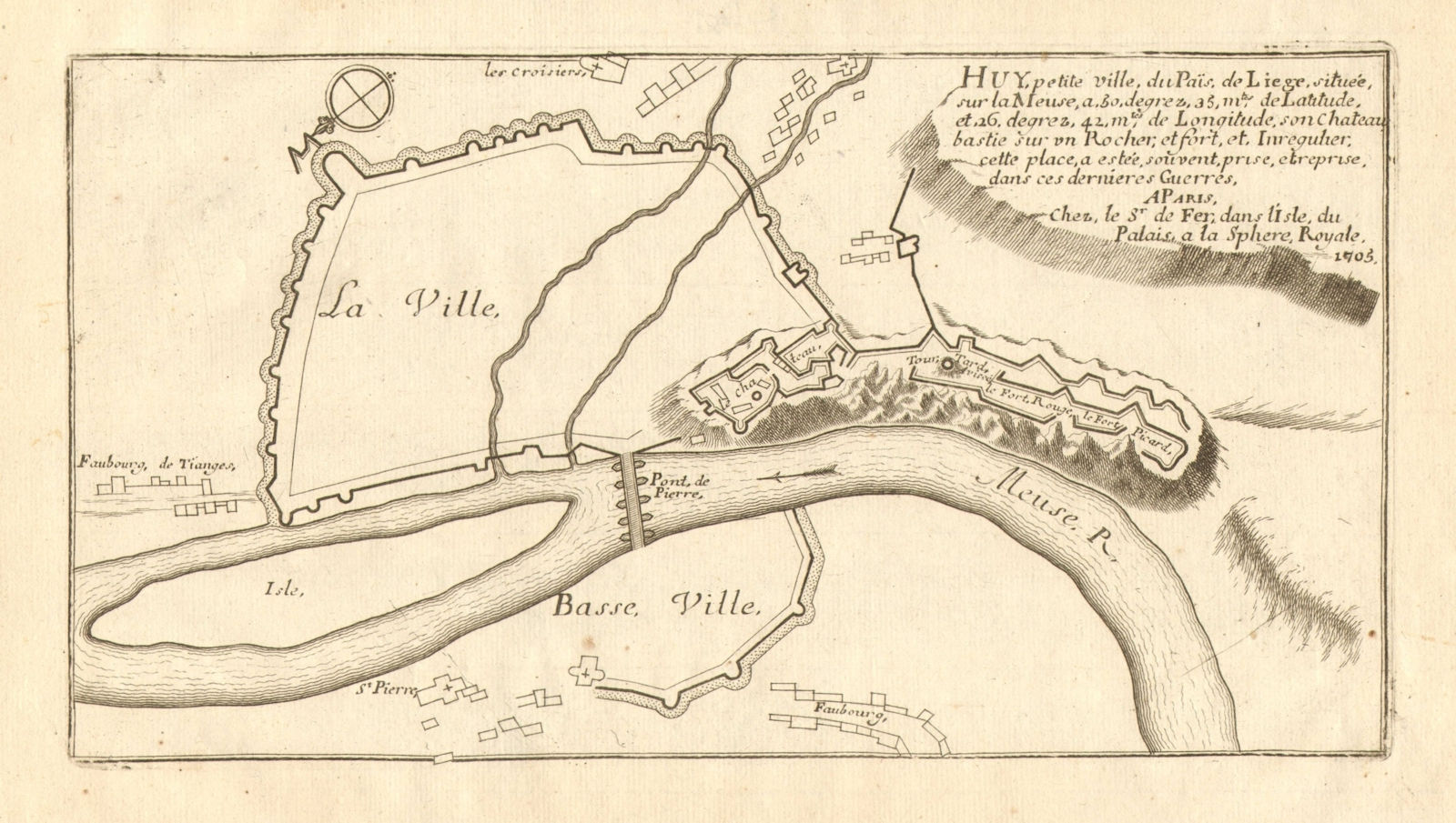 Associate Product Huy. Plan of town/city & fortifications. Belgium. DE FER 1705 old antique map