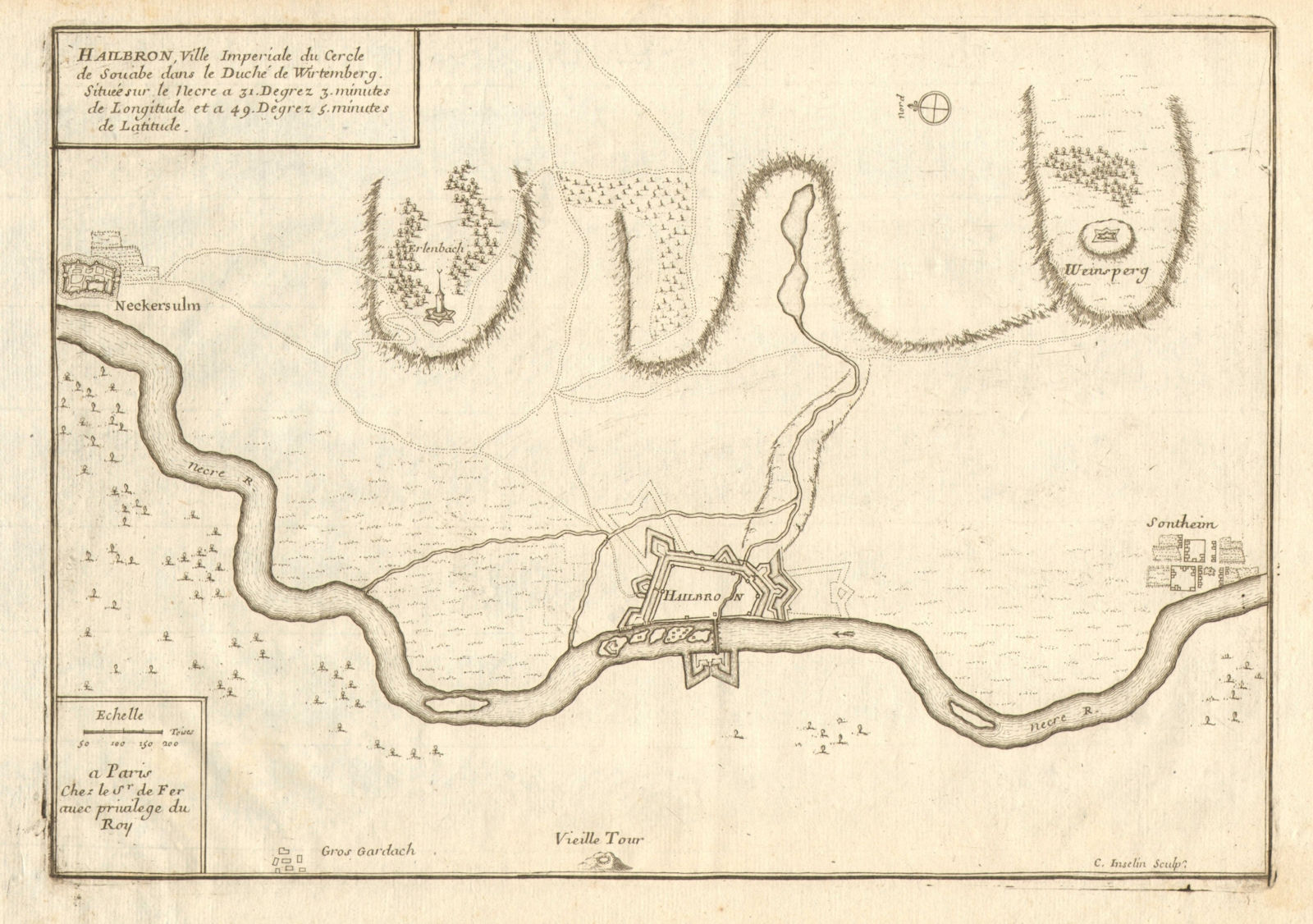 Associate Product 'Hailbron, ville Imperiale…'. Heilbronn Sontheim Neckarsulm. DE FER 1705 map