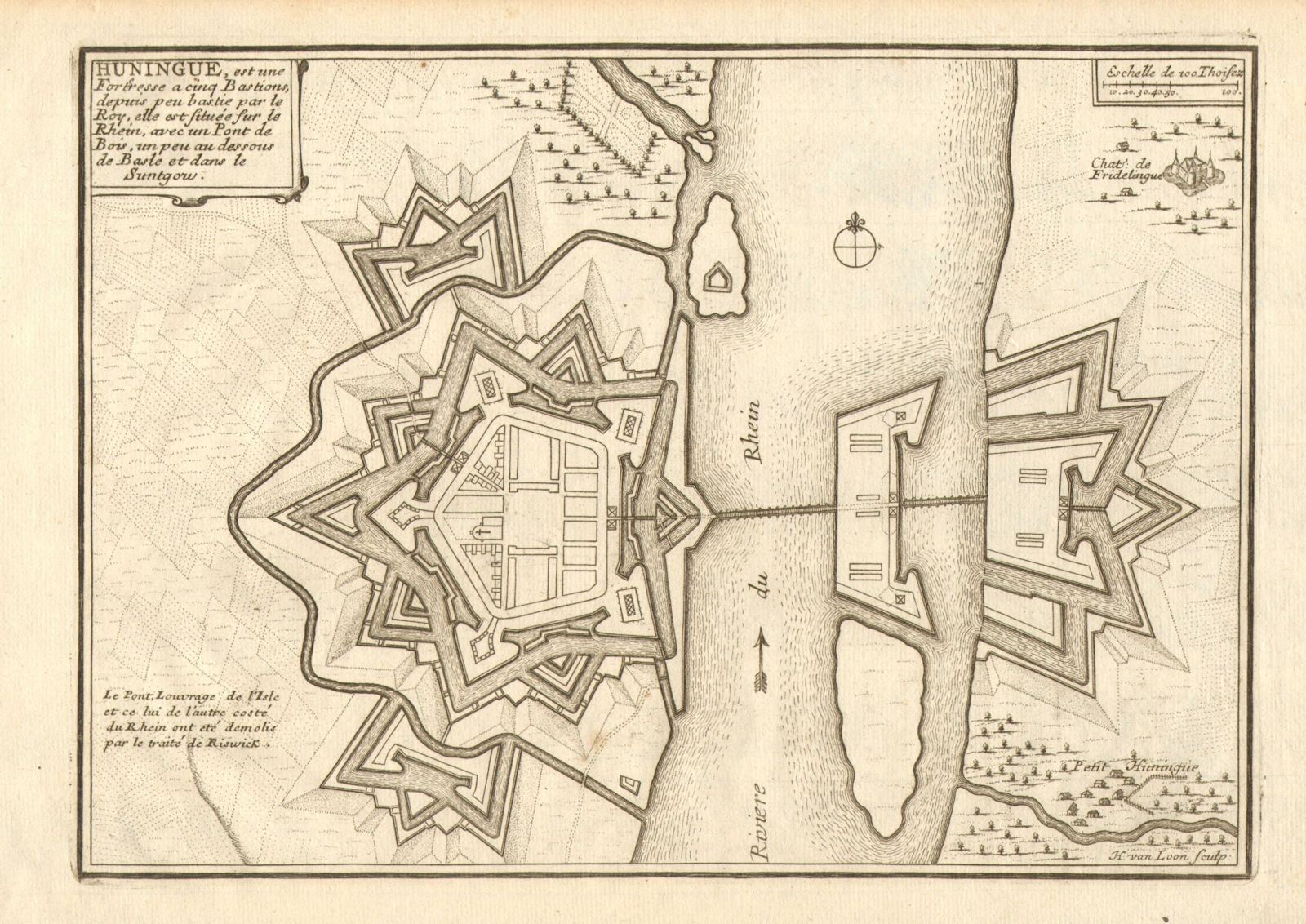 Huningue. Plan of town/city & fortifications. Haut-Rhin. DE FER 1705 old map