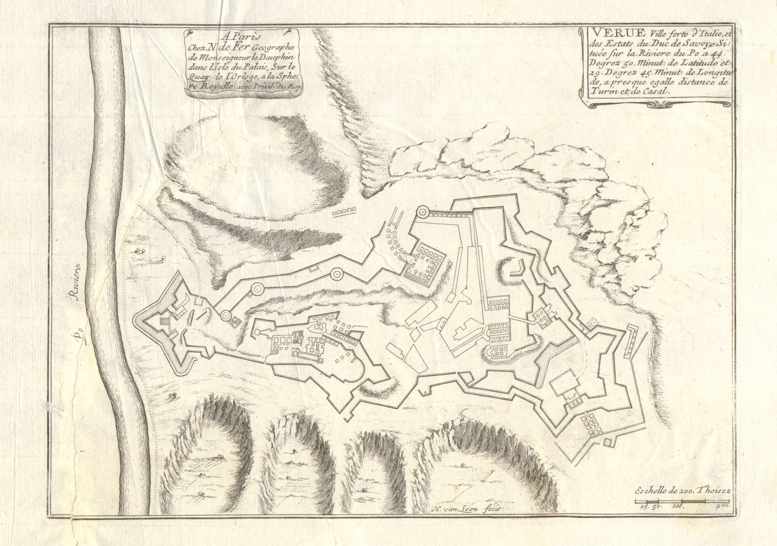 Associate Product 'Verue'. Verrua Savoia. Fortifed town/city plan. Italy. DE FER 1705 old map