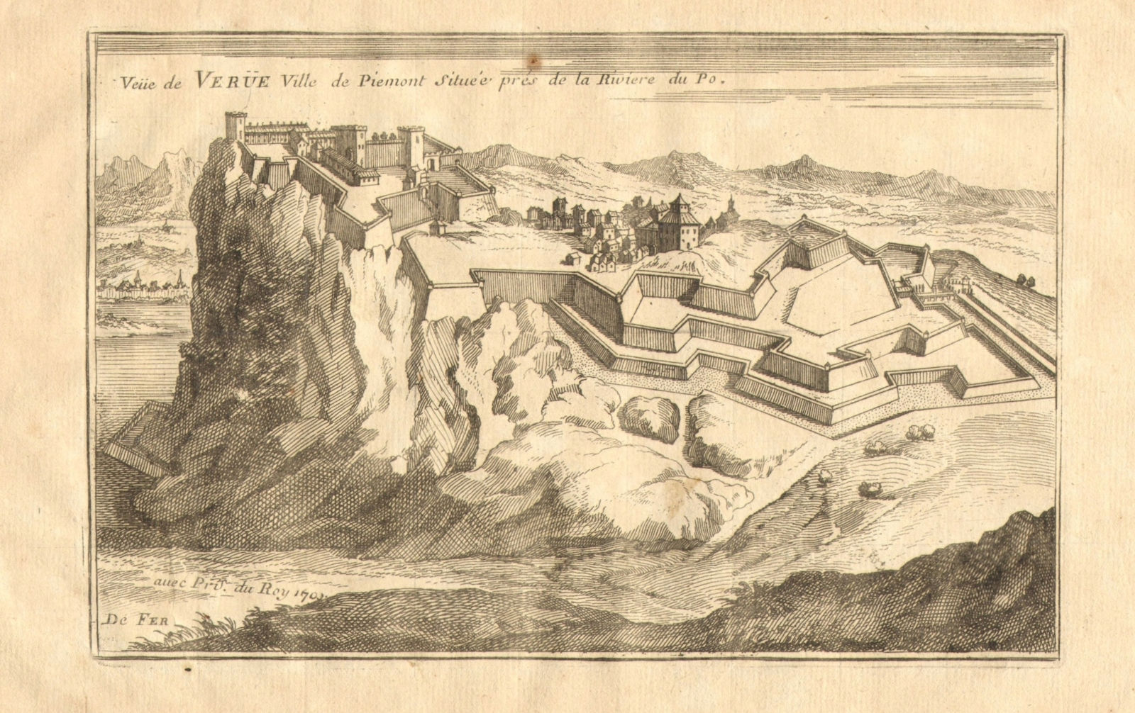 Associate Product 'Veue de Verue, ville de Piemont'. View of Verrua Savoia, Piedmont. DE FER 1705