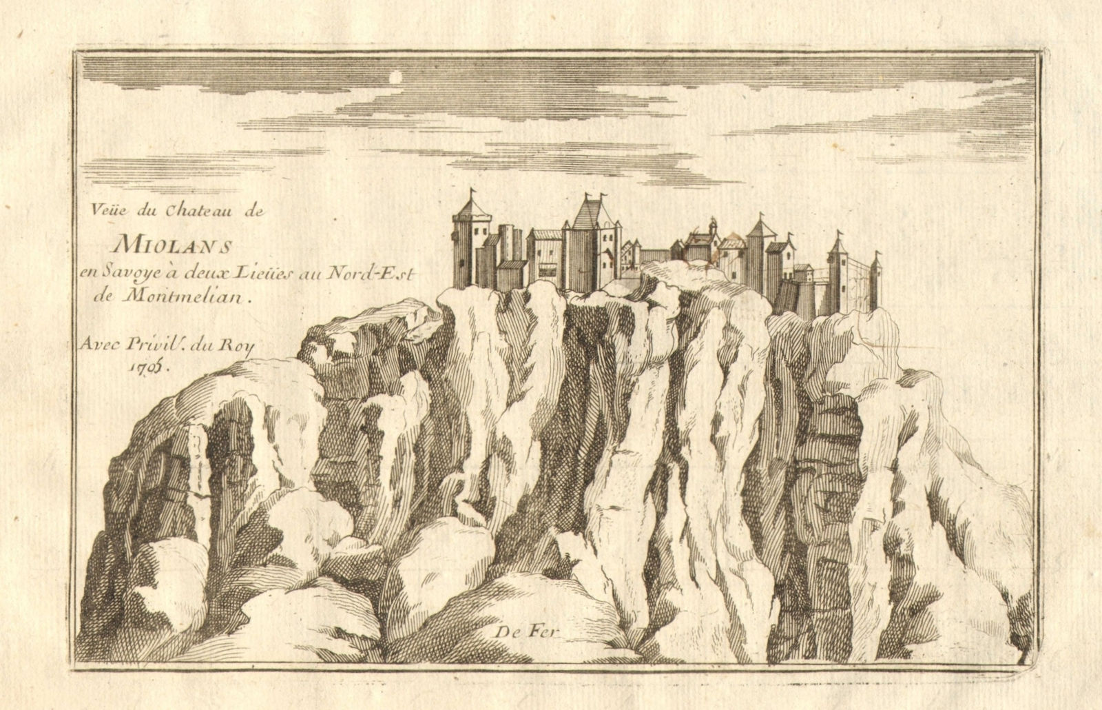 'Veue du Chateau de Miolans en Savoye'. Fortress of Miolans, Savoie. DE FER 1705