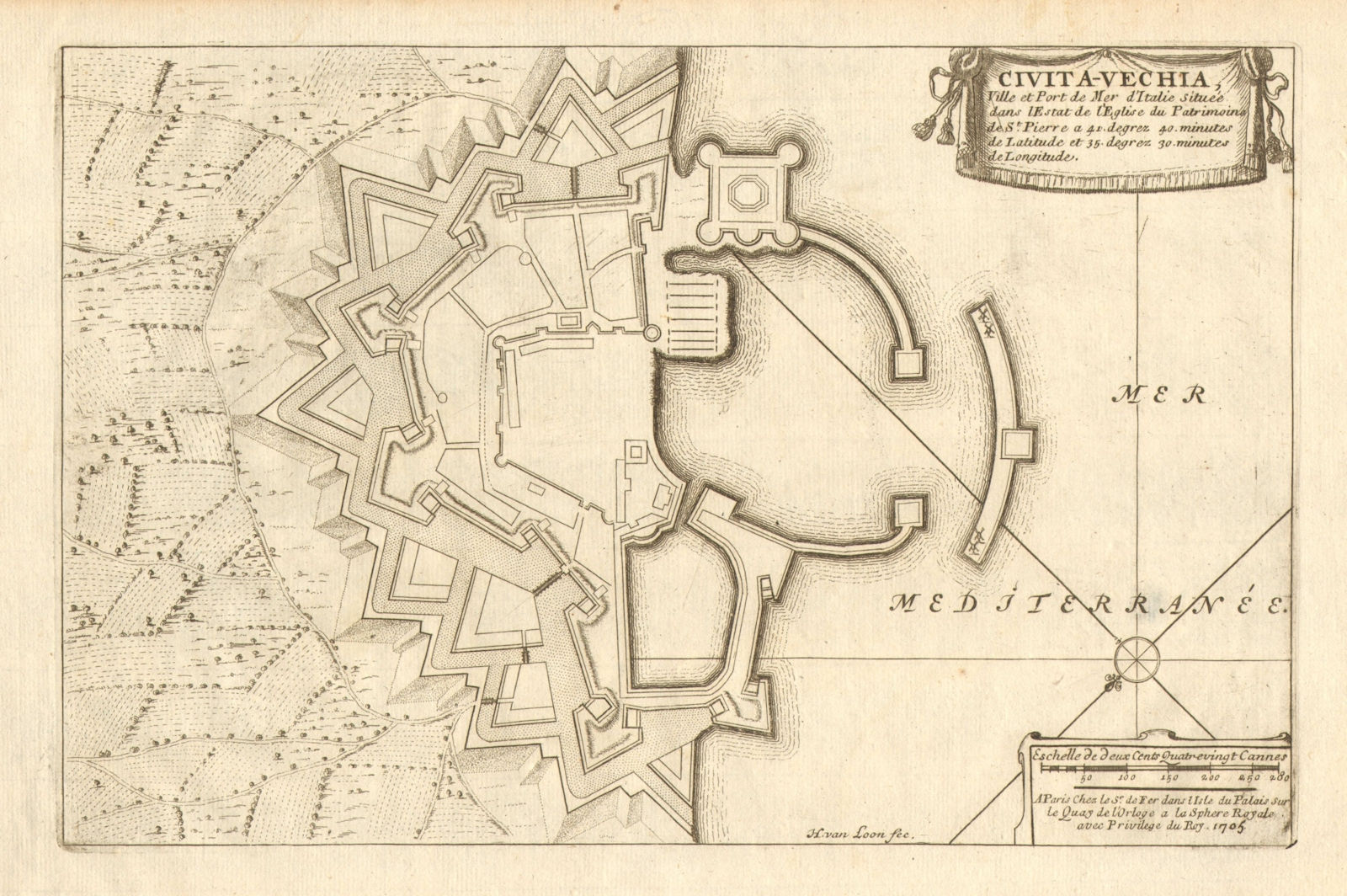 Associate Product 'Civita-Vechia'. Civitavecchia. Fortified town/city plan. Italy. DE FER 1705 map
