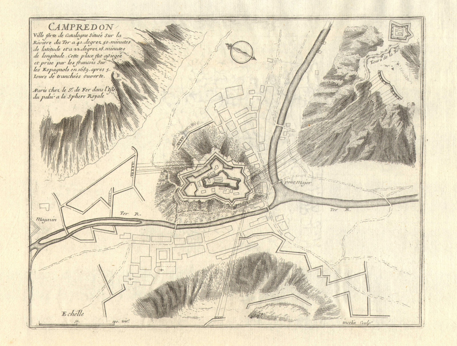 Associate Product 'Campredon'. Camprodon. Fortifed town/city plan. Spain. DE FER 1705 old map