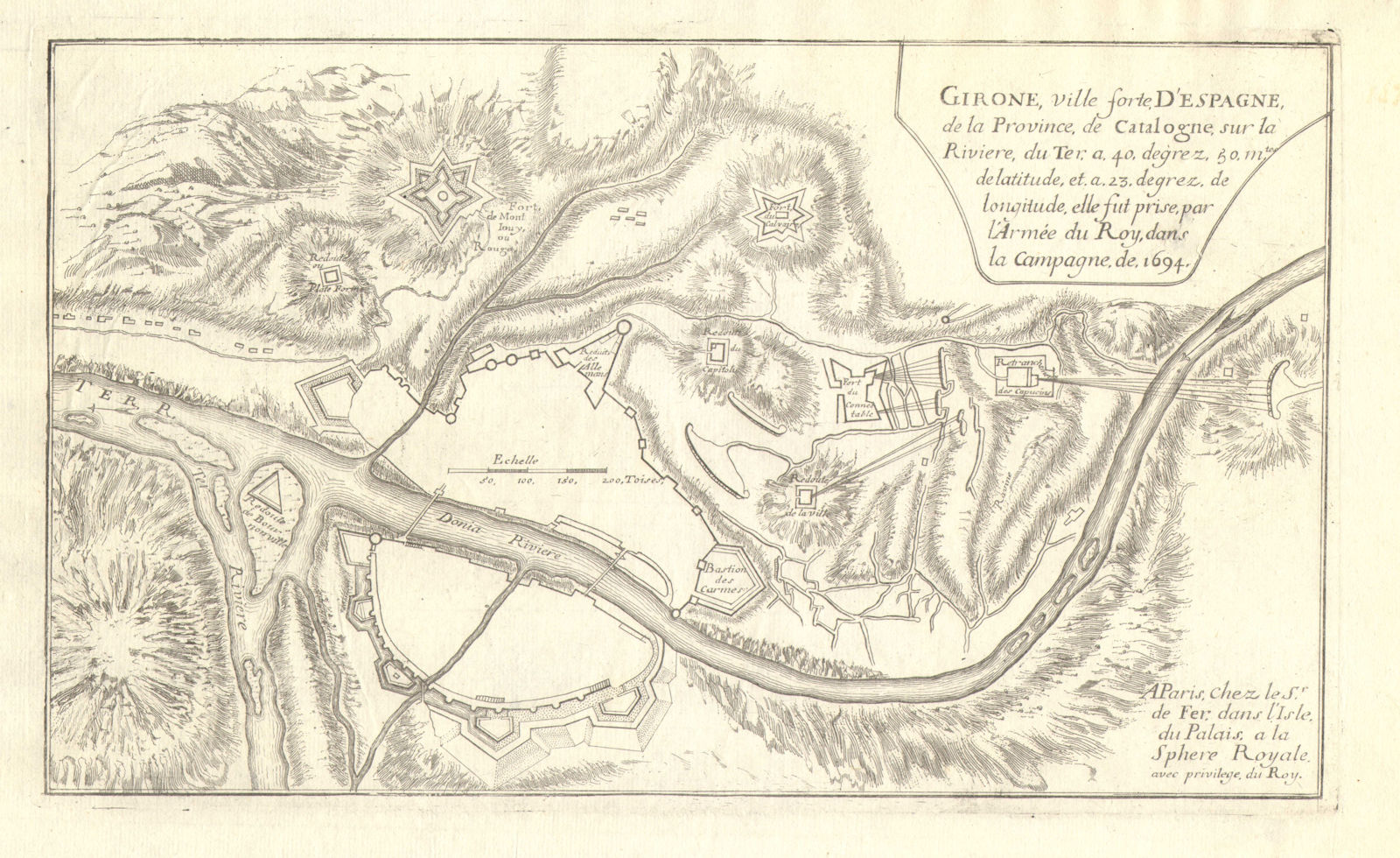 'Girone'. Girona Gerona. Fortifed town/city plan. Spain. DE FER 1705 old map