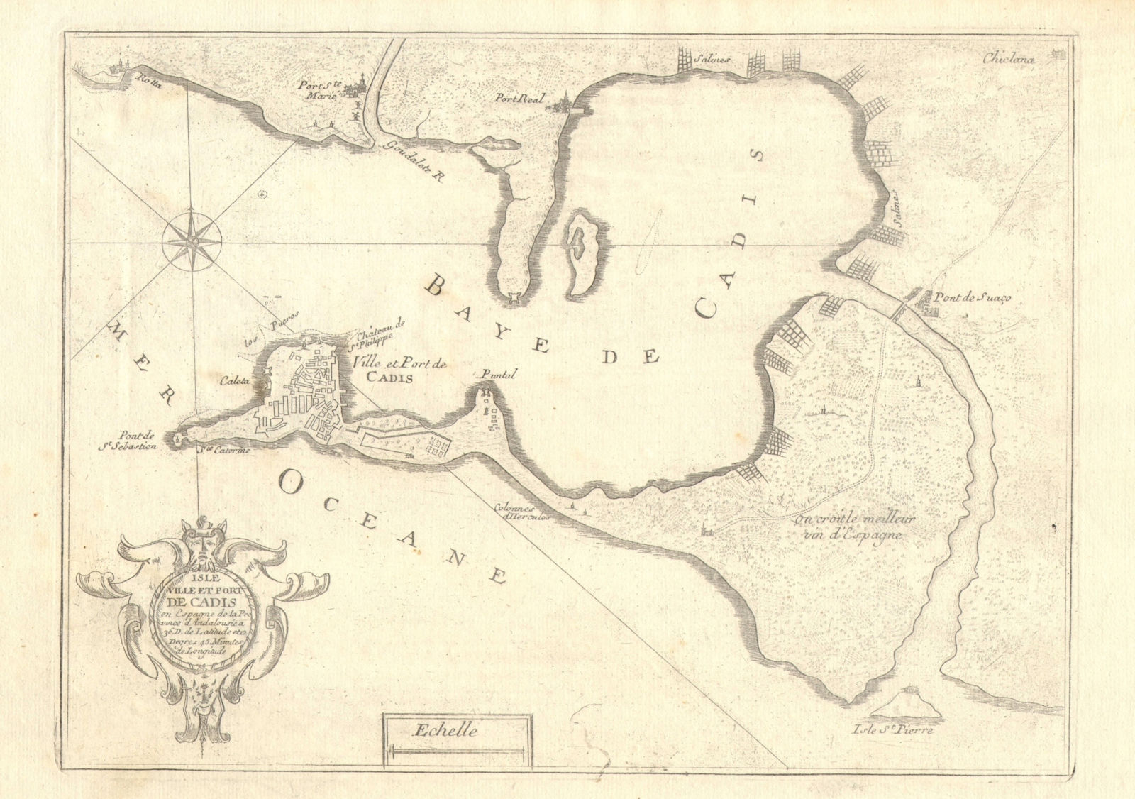 'Isle, ville et port de Cadis'. Bay and city of Cadiz, Spain. DE FER 1705 map