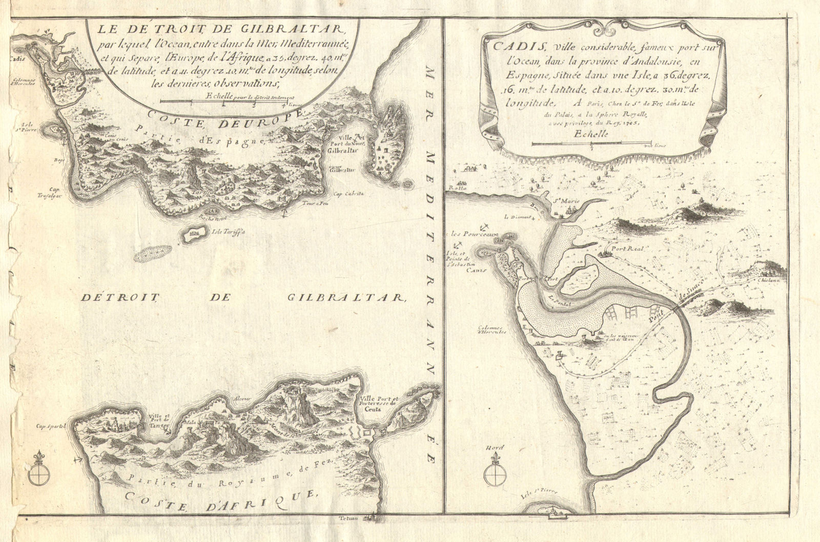 'Le detroit de Gilbraltar - Cadis'. Strait of Gibraltar & Cadiz. DE FER 1705 map