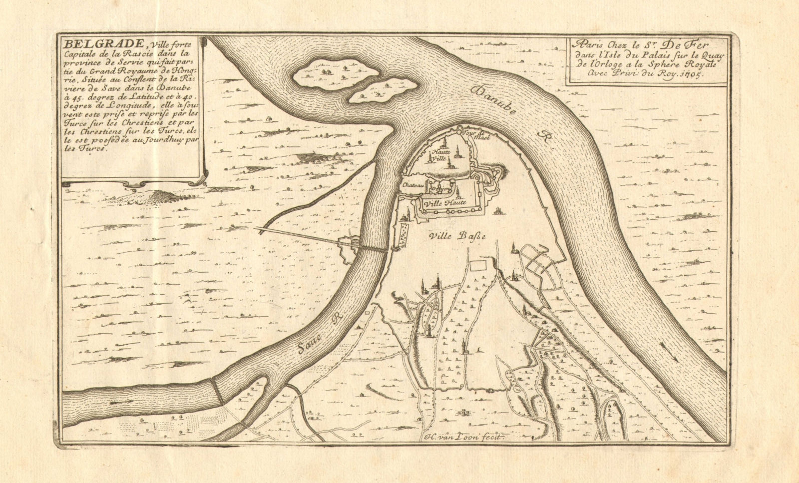 Belgrade. Plan of town/city & fortifications. Serbia. DE FER 1705 old map