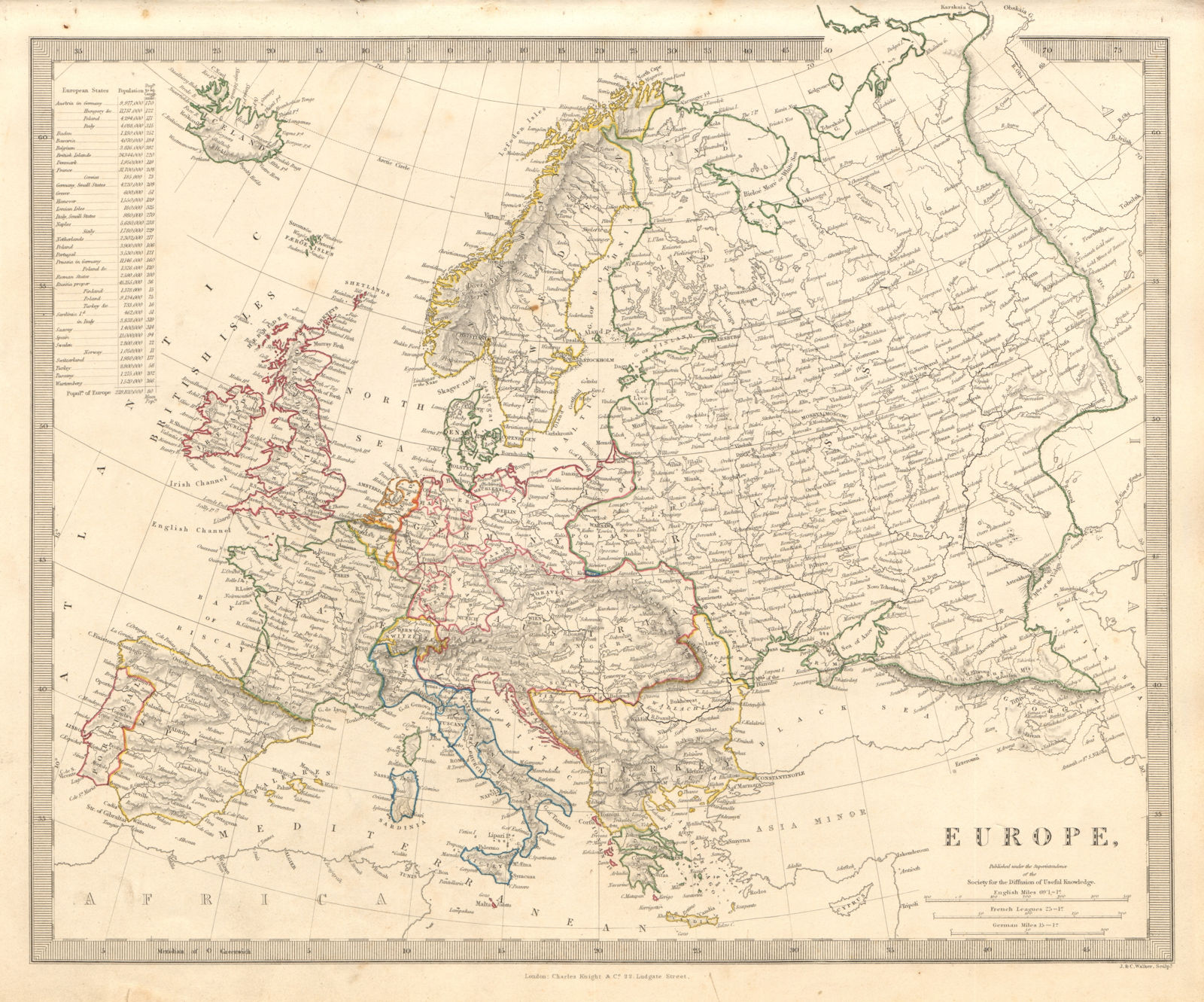 EUROPE general map. Austrian Lombardy–Venetia. Turkish Crete. SDUK 1845