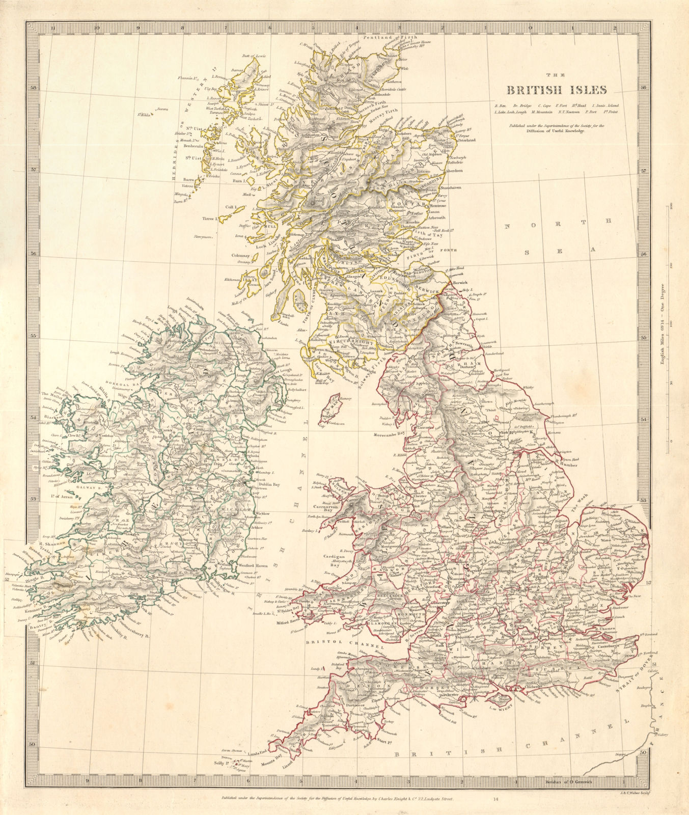 BRITISH ISLES. United Kingdom & Ireland. Counties towns rivers. SDUK 1845 map