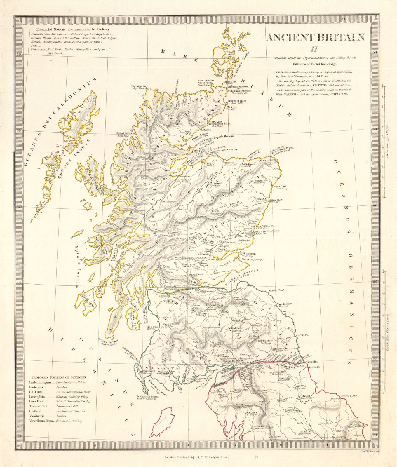 ANCIENT BRITAIN Caledonia-Scotland. Roman road town names Ptolemy. SDUK 1845 map