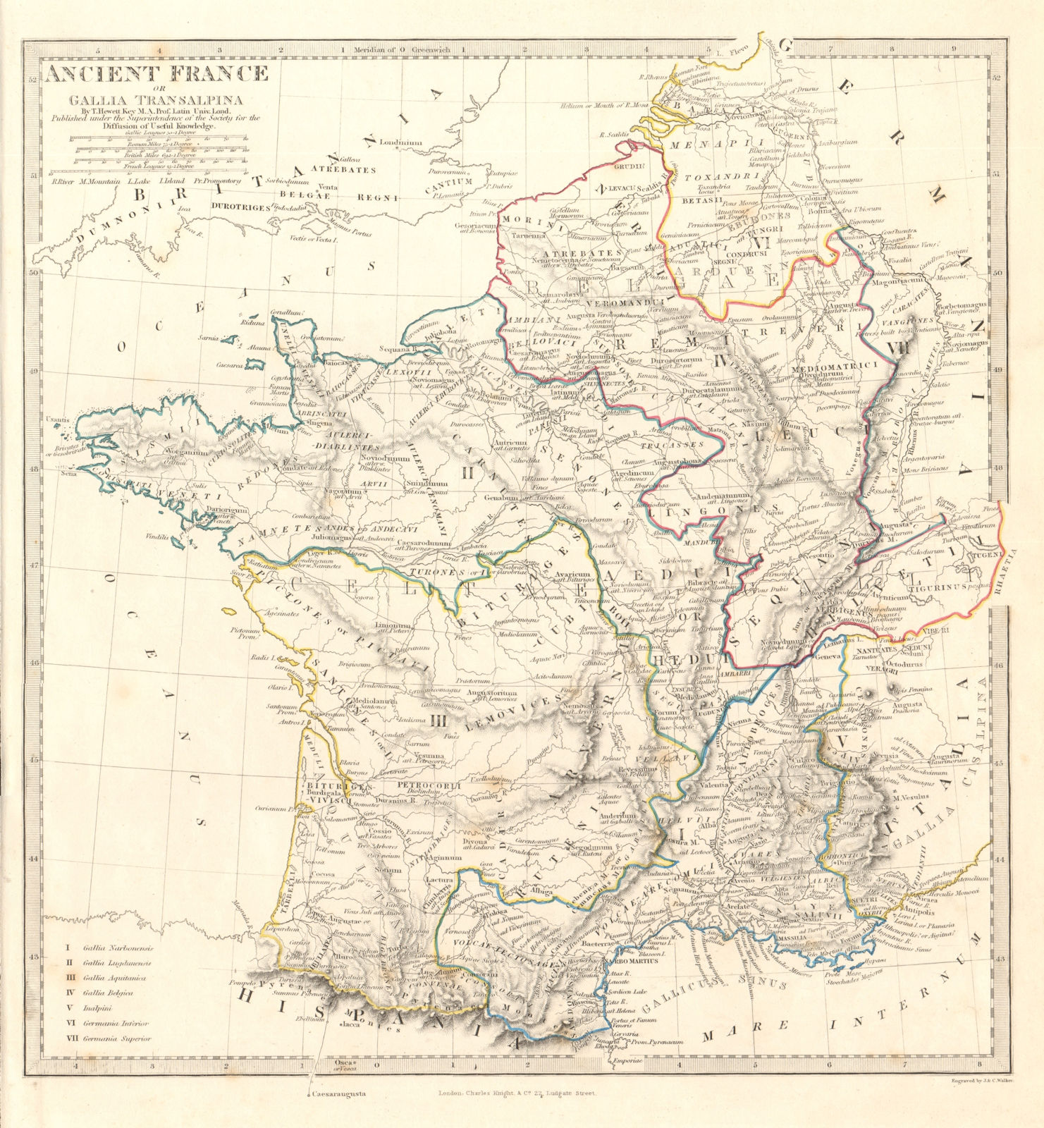 ANCIENT ROMAN FRANCE GAUL. Gallia Transalpina. Roman names roads. SDUK 1845 map