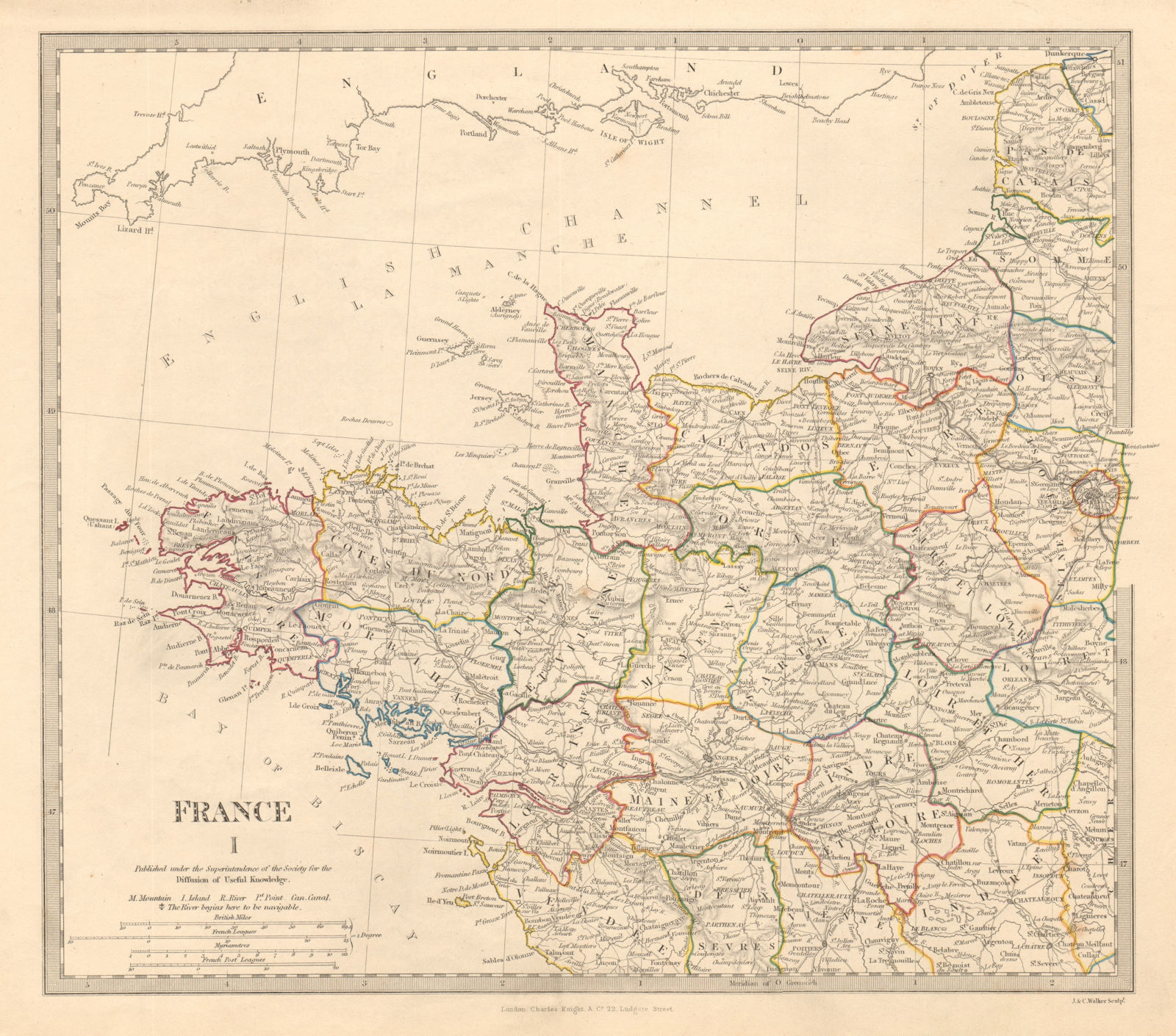 Associate Product FRANCE NORTH WEST. Bretagne Normandie Loire Centre. Hand coloured. SDUK 1845 map