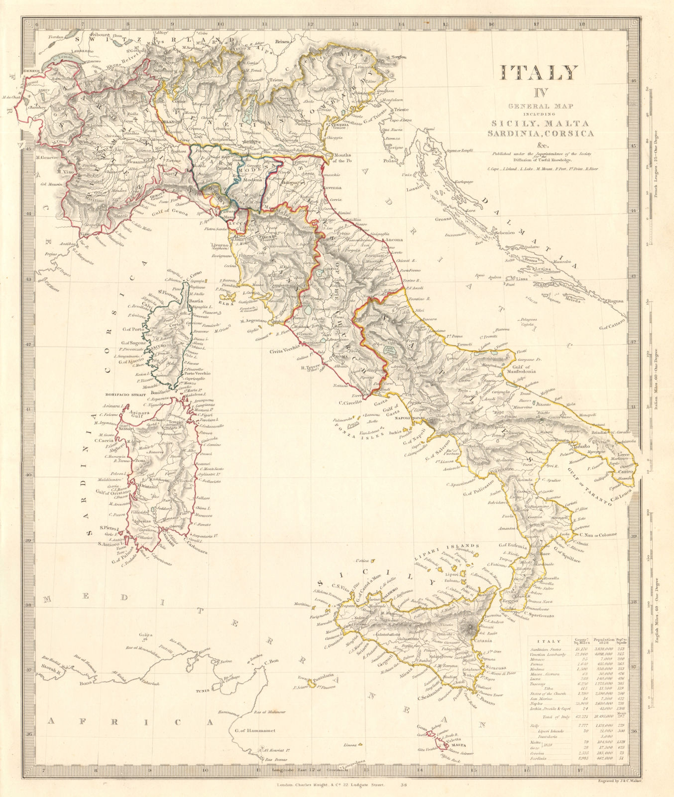 Associate Product ITALY general map. Sicily Sardinia Corsica. Includes Savoie & Nice. SDUK 1845