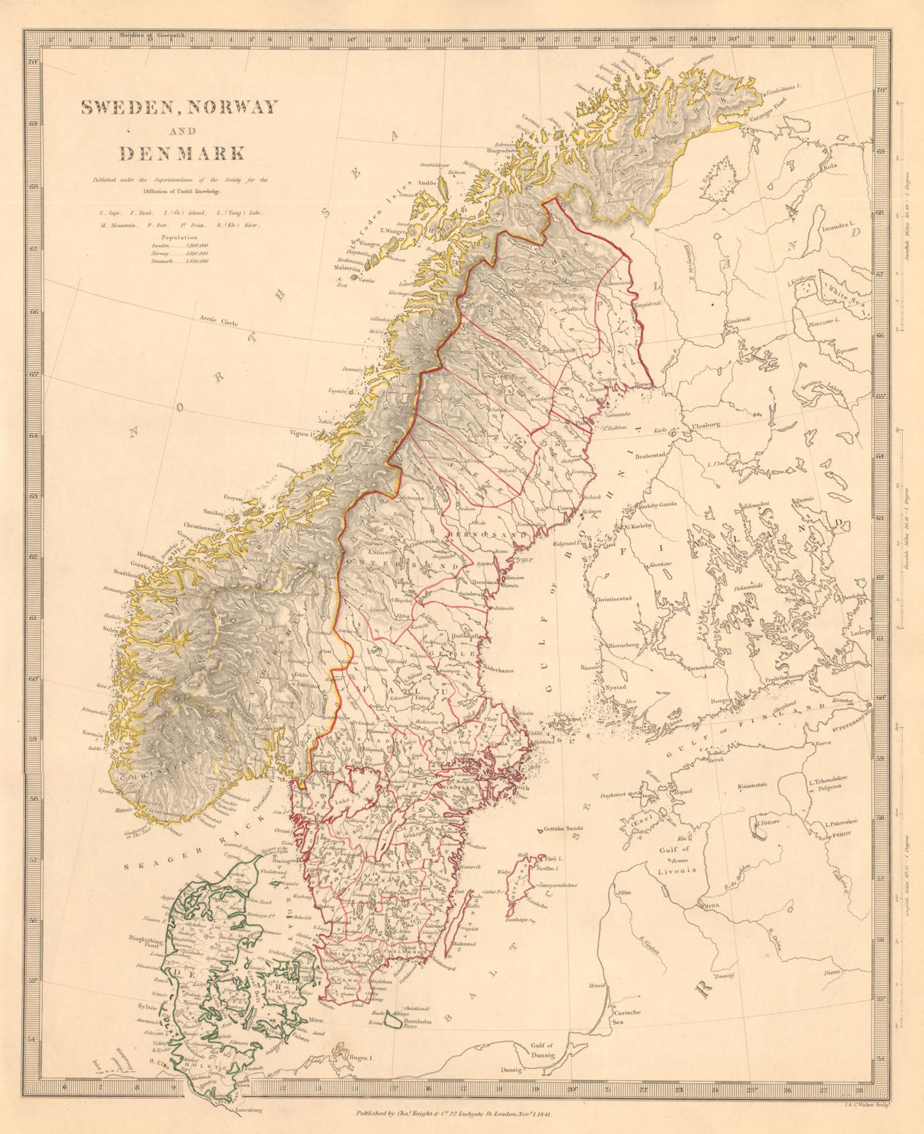 SCANDINAVIA. Sweden, Norway, and Denmark. Population table. SDUK 1845 old map
