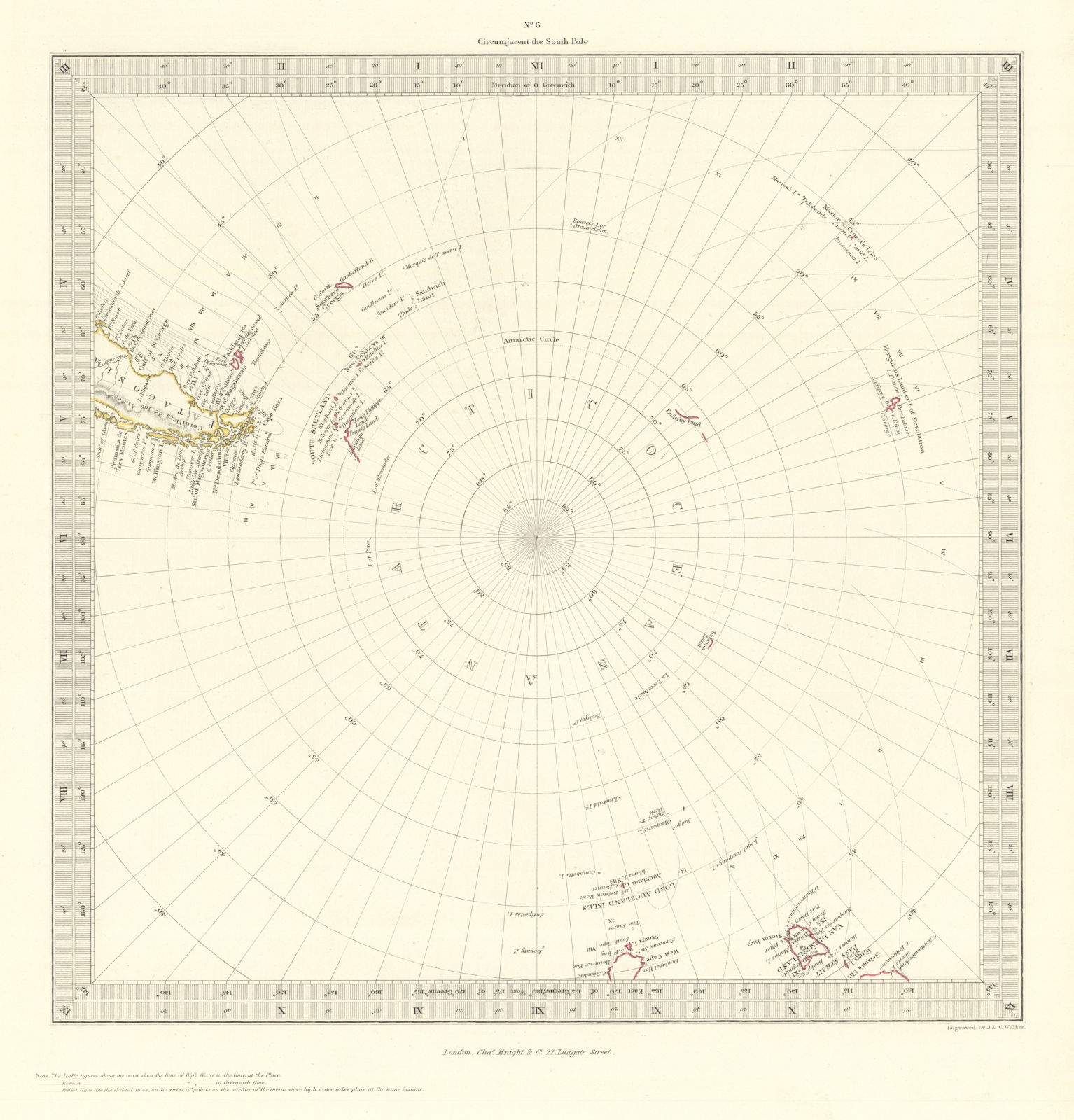 SOUTH POLE ANTARCTIC. Gnomonic Projection. To 45˚ S Latitude. SDUK 1846 map