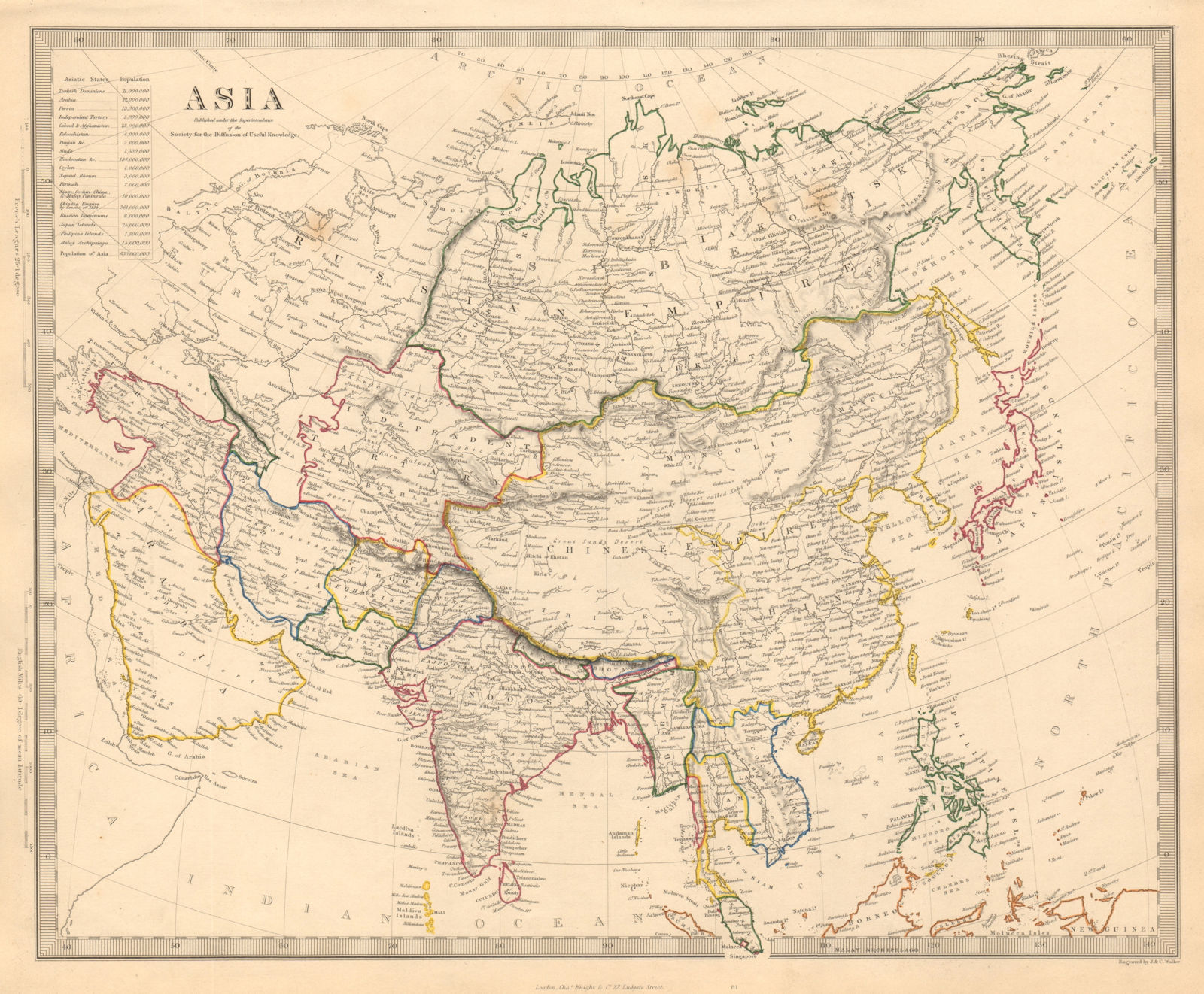 ASIA. India China Arabia Russia Persia. British Burma Malacca. SDUK 1846 map