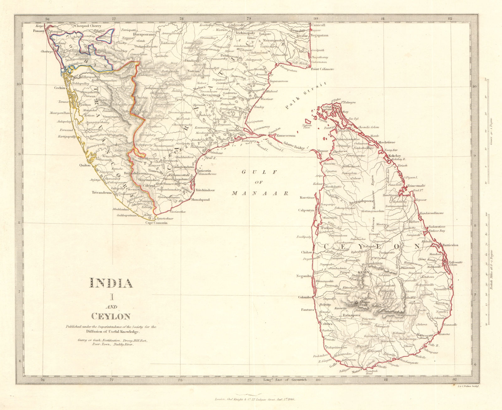 Associate Product INDIA I. SOUTH & CEYLON. Sri Lanka Carnatic Travancore Kochi. SDUK 1846 map