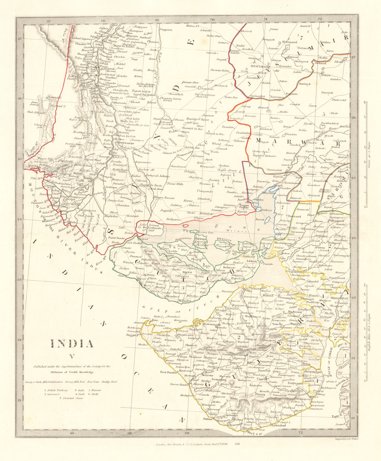 INDIA V.  Sinde-Gujerat. Marwar Cutch Jaisalmer. SDUK 1846 old antique map