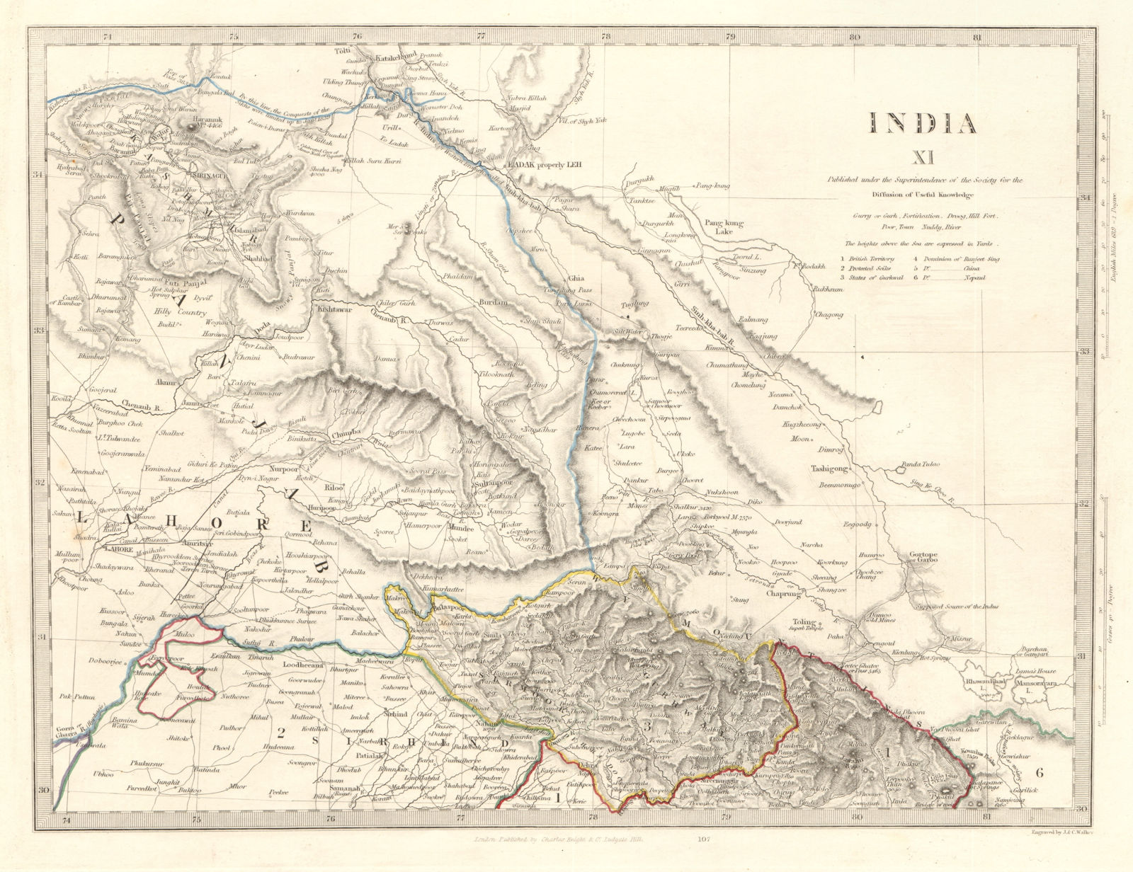 INDIA XI. PAKISTAN. Punjab Garhwal Lahore Sirhind Kashmir China. SDUK 1846 map