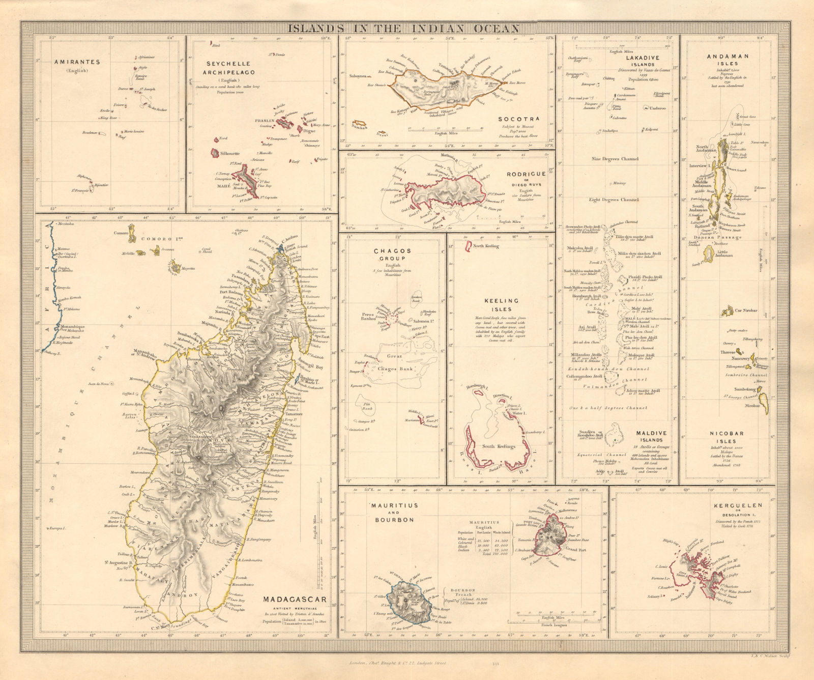 INDIAN OCEAN ISLANDS Madagascar Seychelles Maldives Mauritius. SDUK 1846 map
