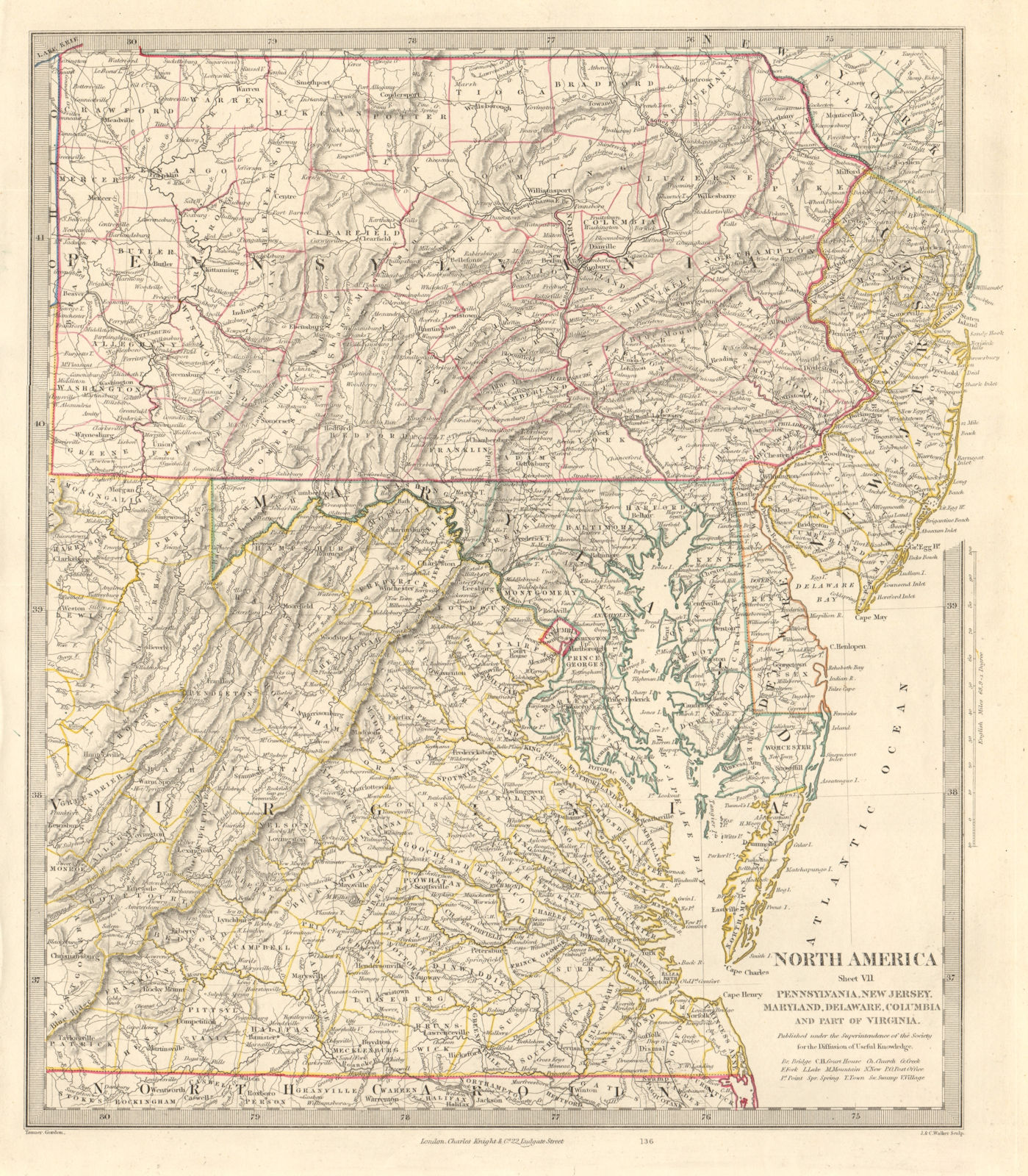USA. Pennsylvania New Jersey Maryland Delaware DC Virginia. SDUK 1846 old map