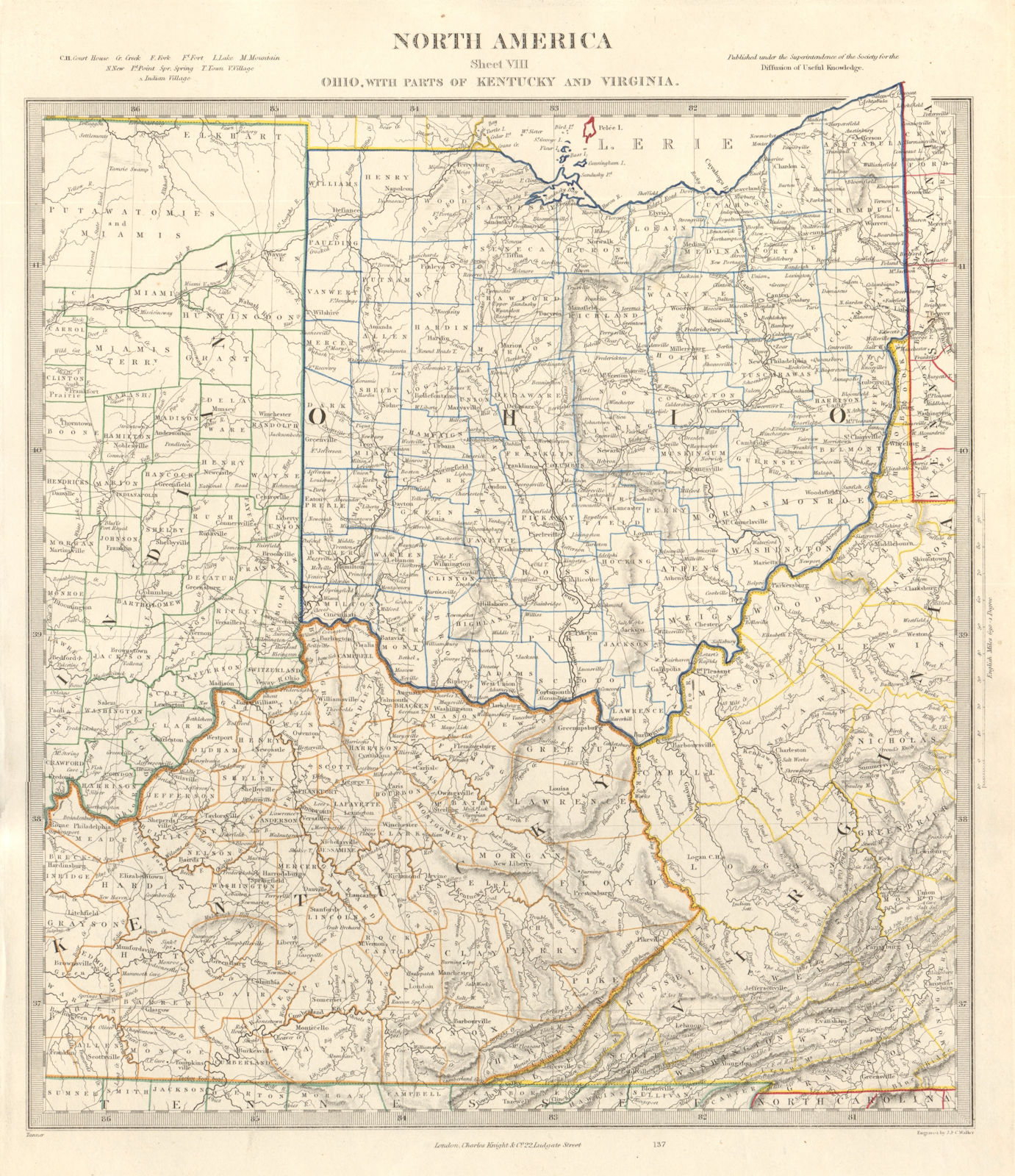 Associate Product USA. Ohio with parts of Kentucky, Virginia & Indiana. Counties. SDUK 1846 map