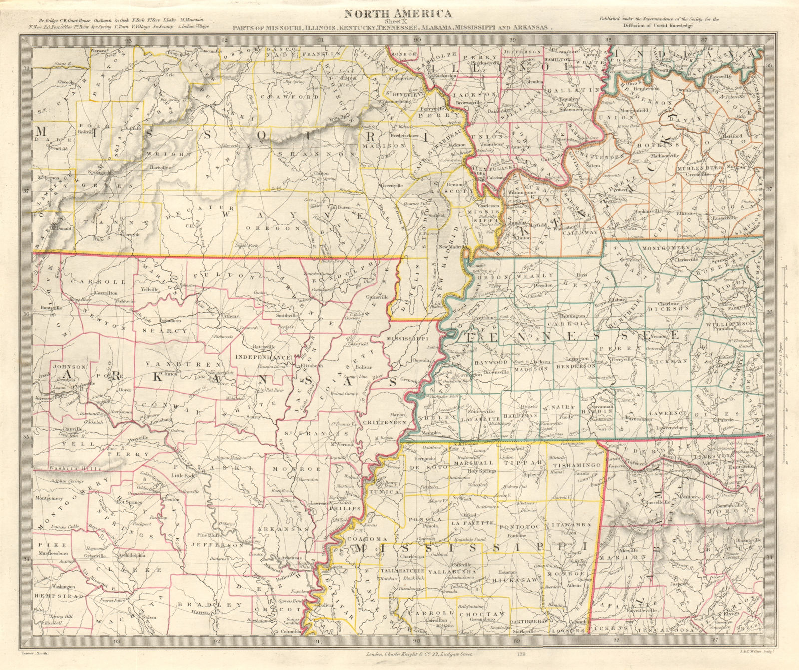 USA. Arkansas Tennessee. MO MS IL IN KY AL. Mississippi River. SDUK 1846 map