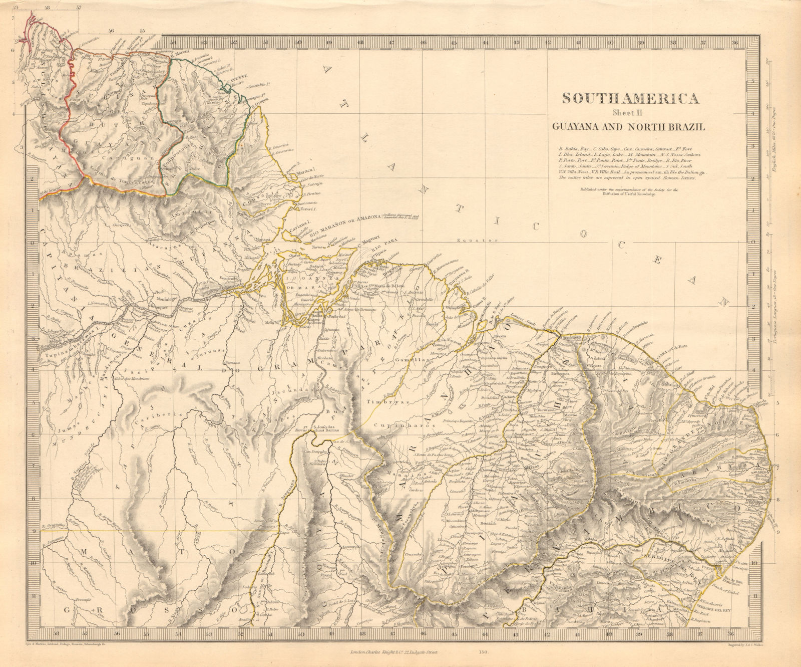 AMAZONIA. Showing Indian tribes. Guyana Surinam Brazil. Recife. SDUK 1846 map