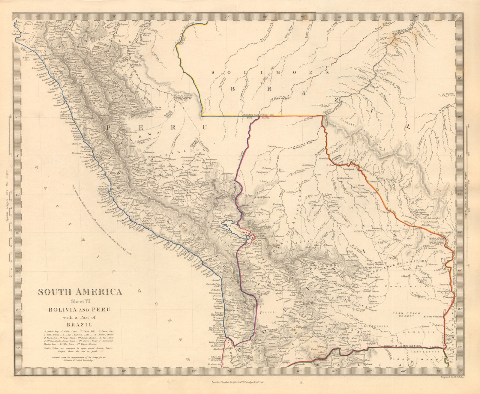 BOLIVIA & PERU with a part of Brazil. Bolivia Litoral / sea coast. SDUK 1846 map