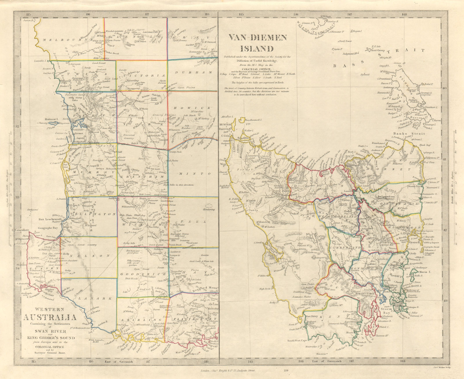 AUSTRALIA. Western Australia & Van Diemen Island (Tasmania) . SDUK 1846 map