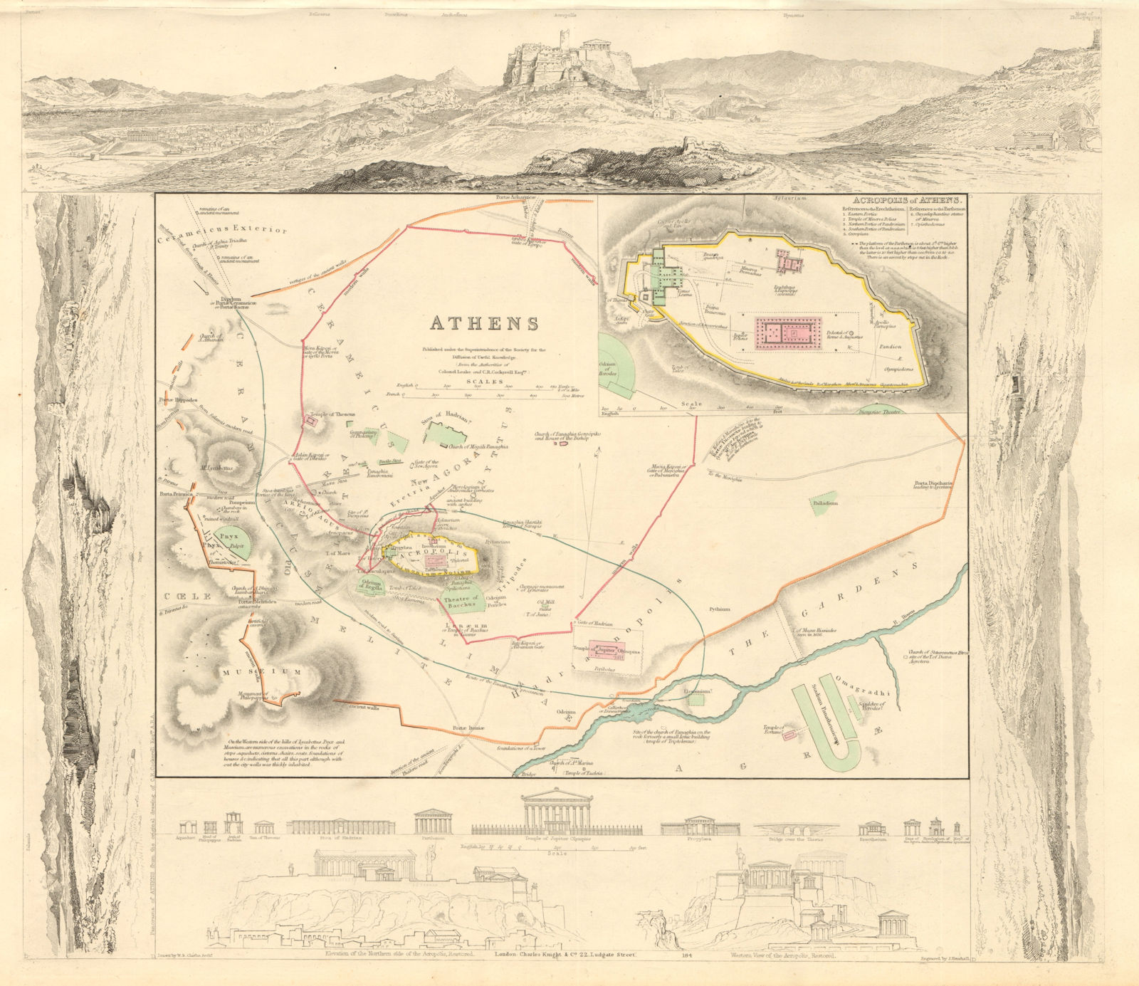ATHENS. Αθήνα. Antique town city map plan; inset Acropolis. SDUK 1847 old