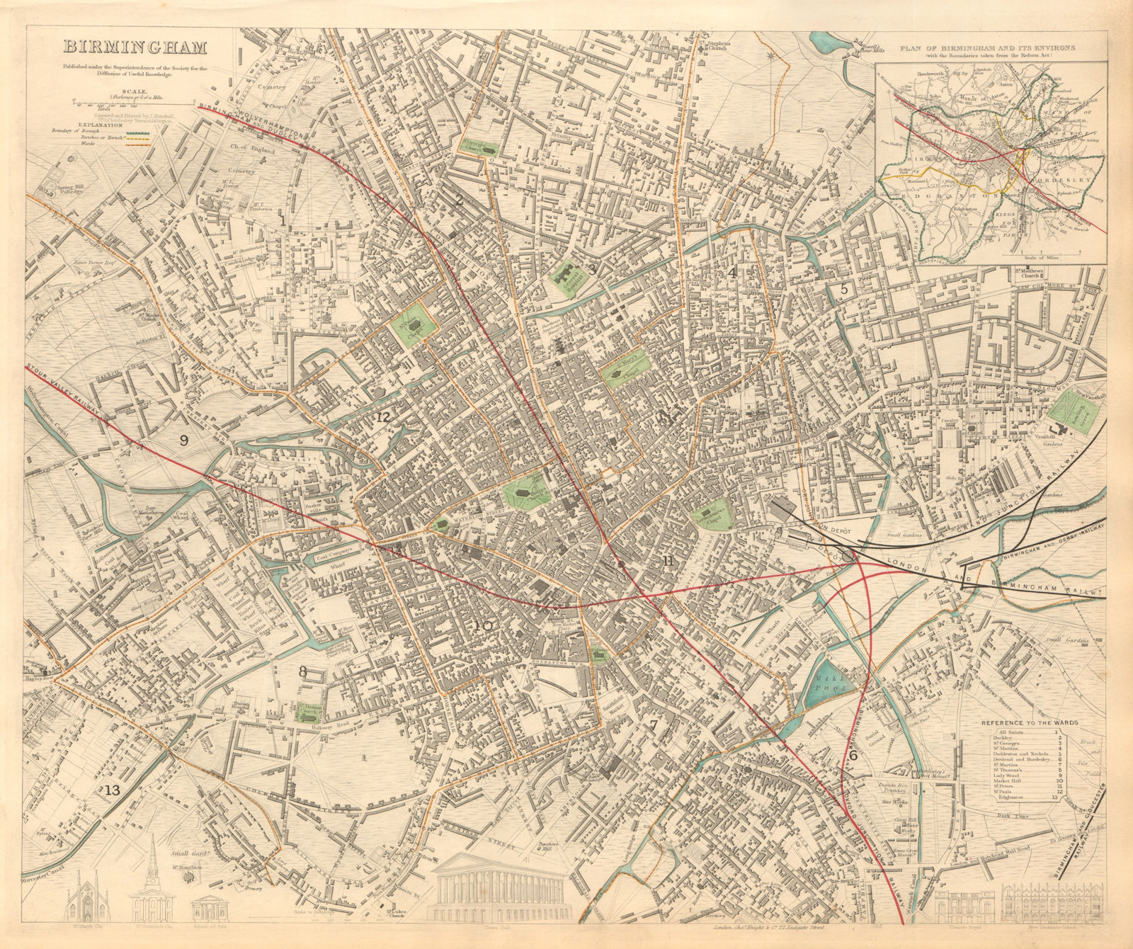 BIRMINGHAM. Antique town city map plan. Inset environs of Birmingham. SDUK 1847