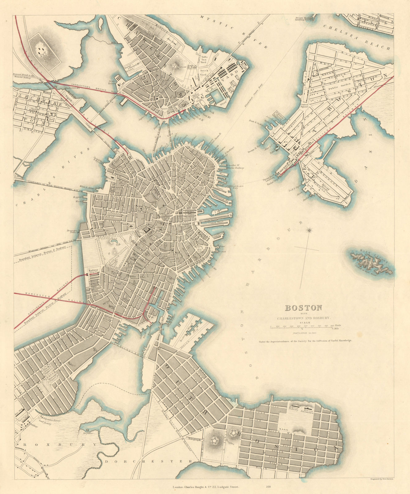 BOSTON WITH CHARLESTOWN AND ROXBURY. Antique town city map plan. SDUK 1847