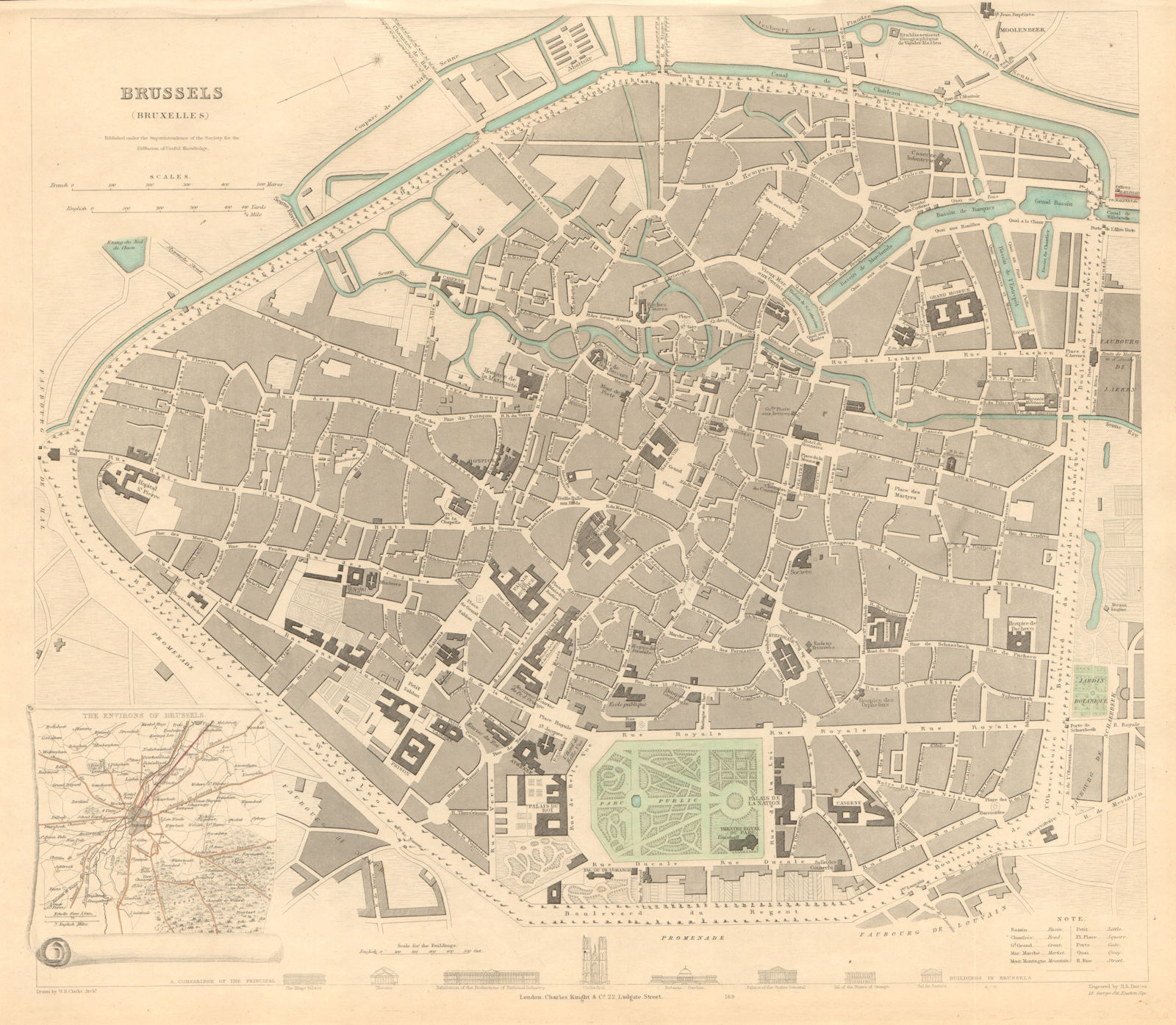 BRUSSELS BRUXELLES BRUSSEL antique town city map plan. Inset environs. SDUK 1847