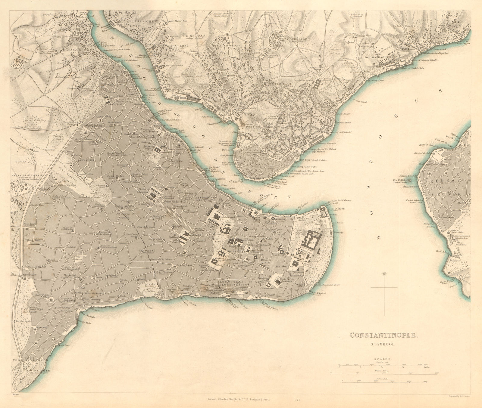 CONSTANTINOPLE ISTANBUL. Antique town city map plan. Stambool Galata ...