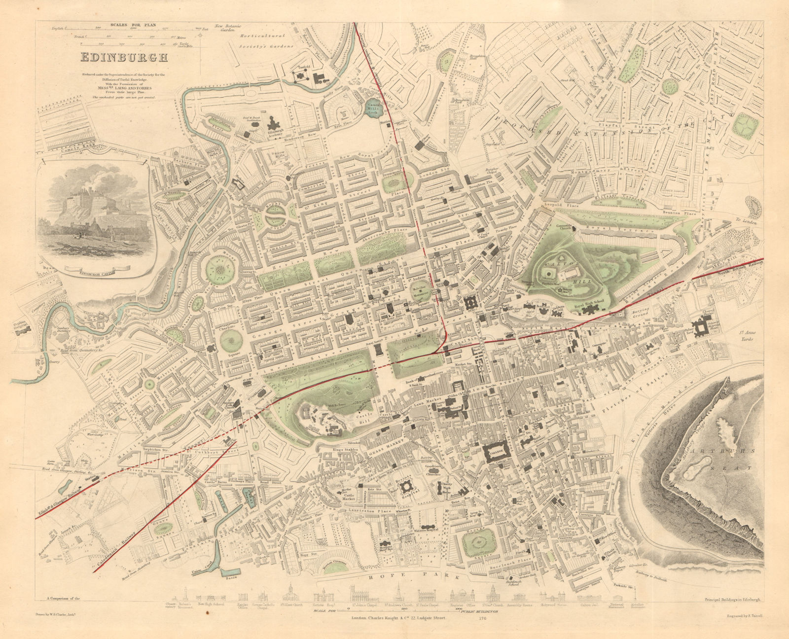 EDINBURGH. Antique town city map plan. Key buildings profiles. SDUK 1847