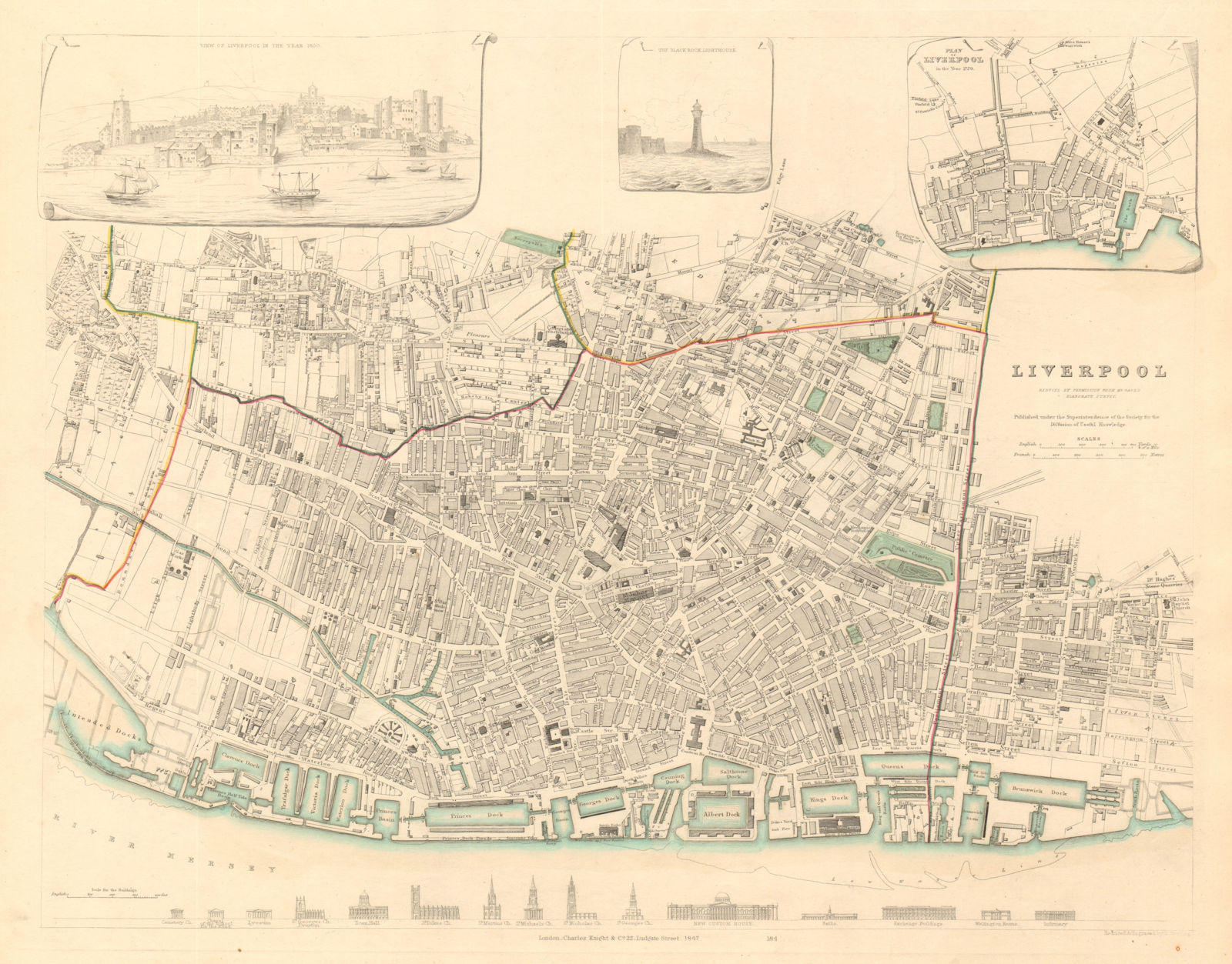 LIVERPOOL antique town city map. Inset 1650 view/1729 plan. Buildings ...