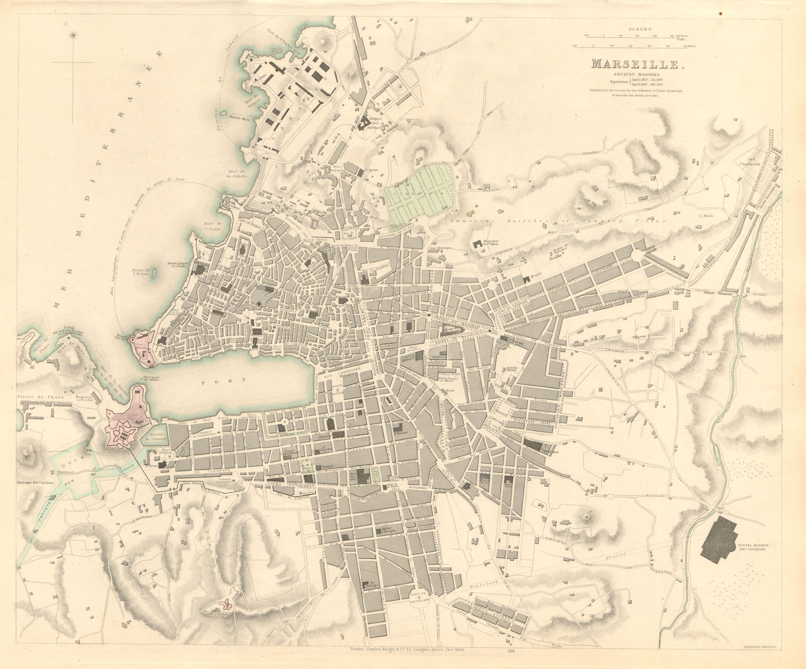 MARSEILLE. Antique town city map. Ancient Massilia. Marseilles. SDUK 1847