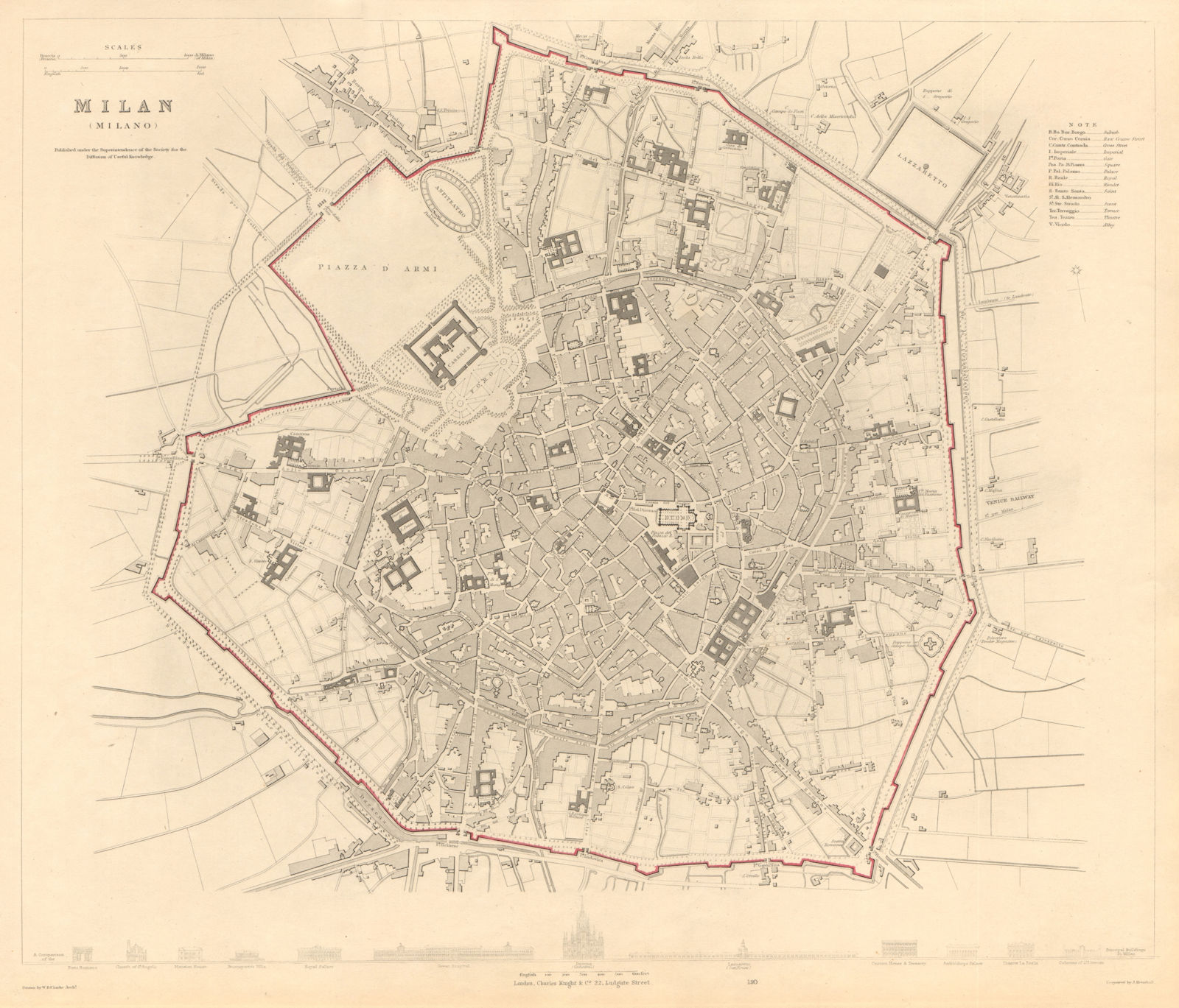 MILAN MILANO. Antique town city map plan. Main buildings profiles. SDUK 1847