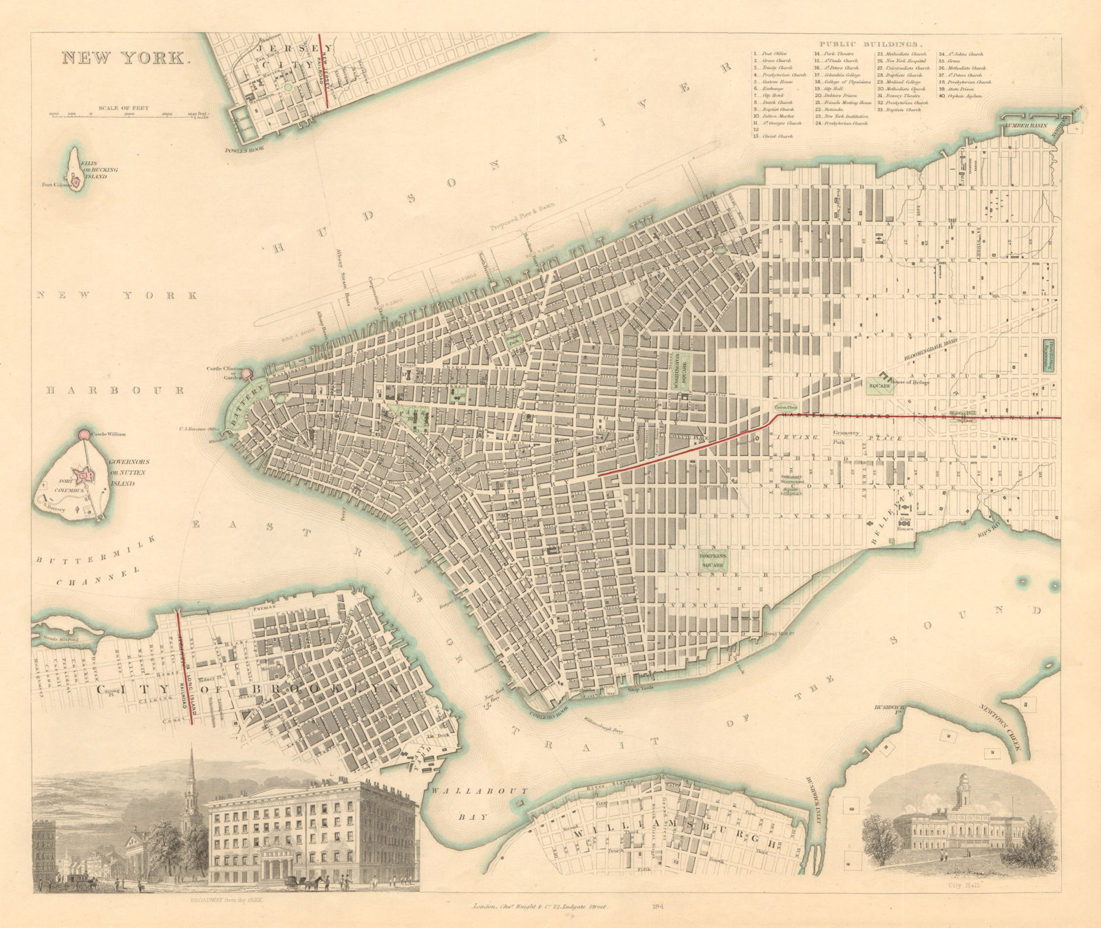 NEW YORK CITY. Antique town city map plan. Manhattan Brooklyn Jersey. SDUK 1847