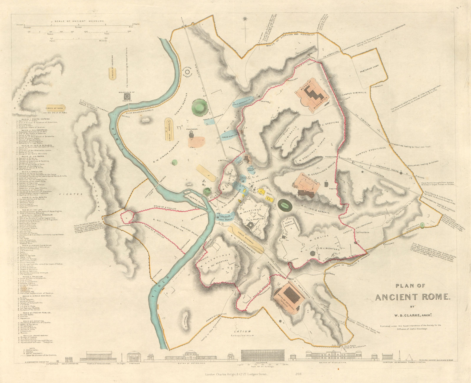 ANCIENT ROME ROMA antique town city map plan. Original hand colouring. SDUK 1847