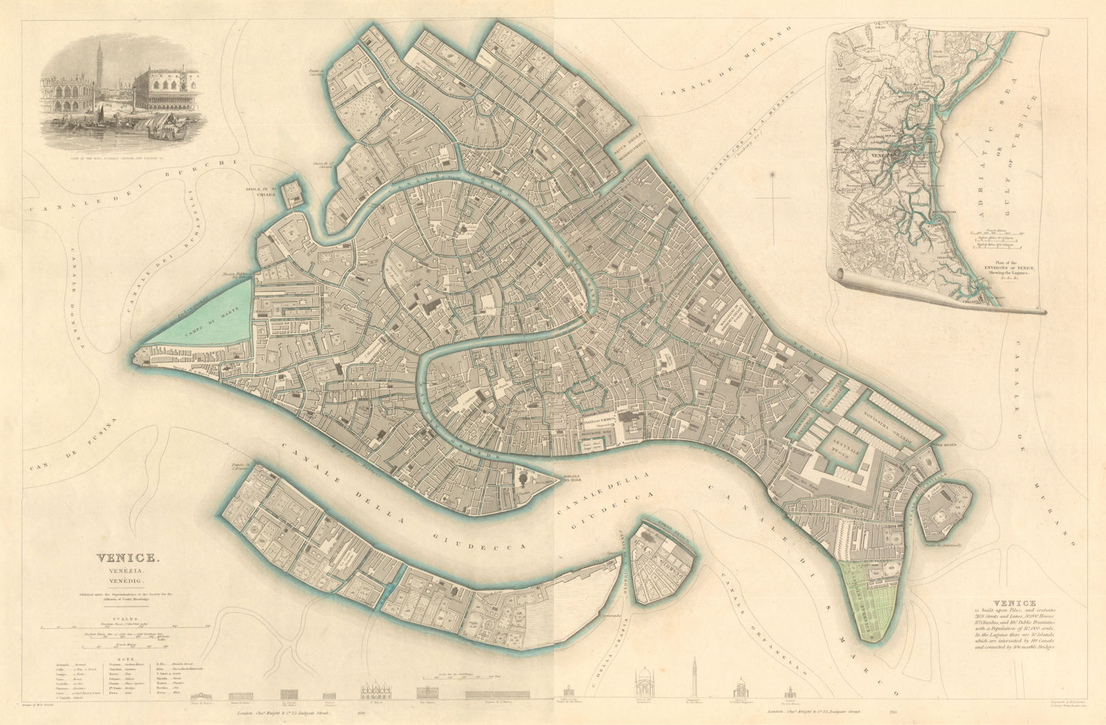 VENICE VENEZIA VENEDIG antique town city map plan. Environs. LARGE. SDUK 1847