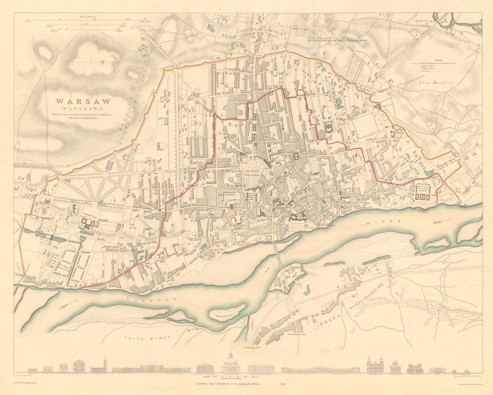 WARSAW WARSZAWA antique town city map plan. Building profiles. Colour. SDUK 1847