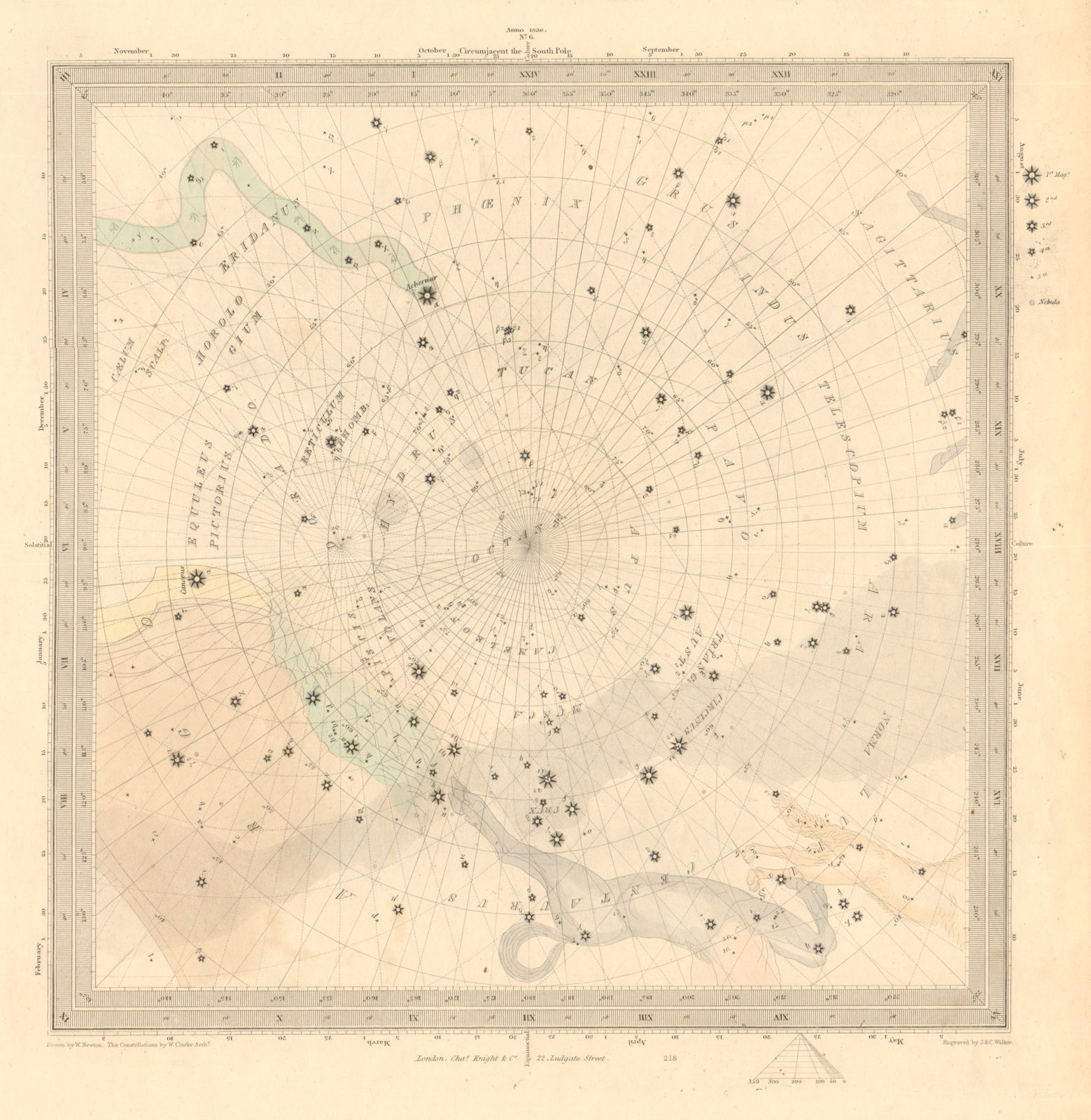 ASTRONOMY CELESTIAL. Star map. Star chart, VI. South Pole. SDUK 1847 old