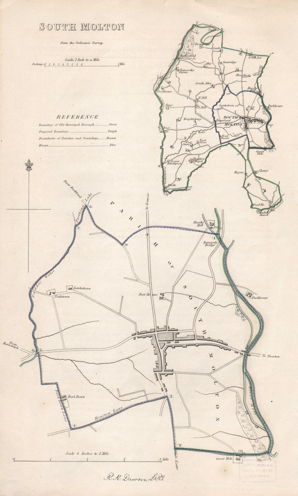 SOUTH MOLTON borough/town plan. BOUNDARY REVIEW. Devon. DAWSON 1837 old map