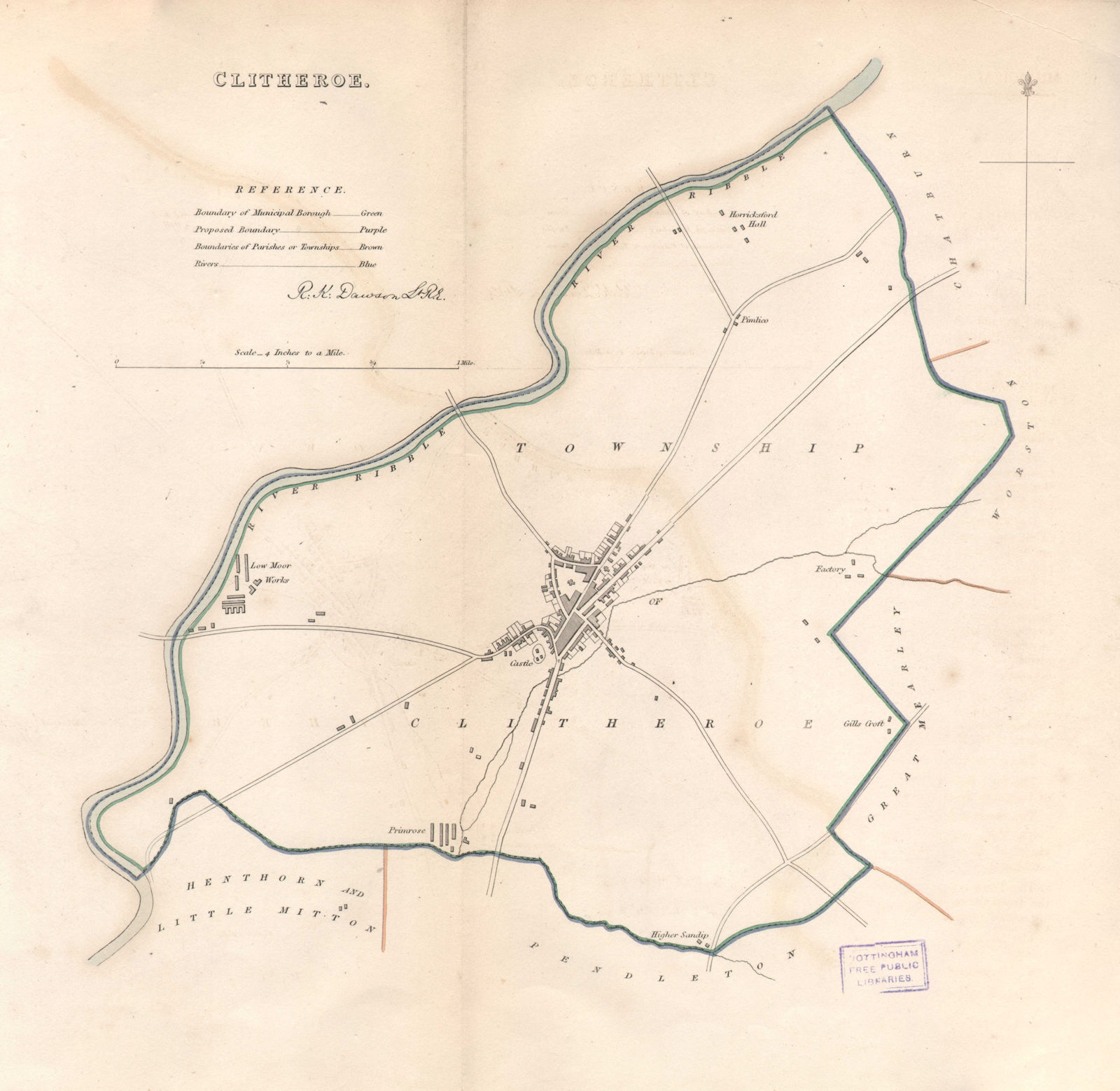 CLITHEROE town/borough plan. BOUNDARY REVIEW. Lancashire. DAWSON 1837 old map